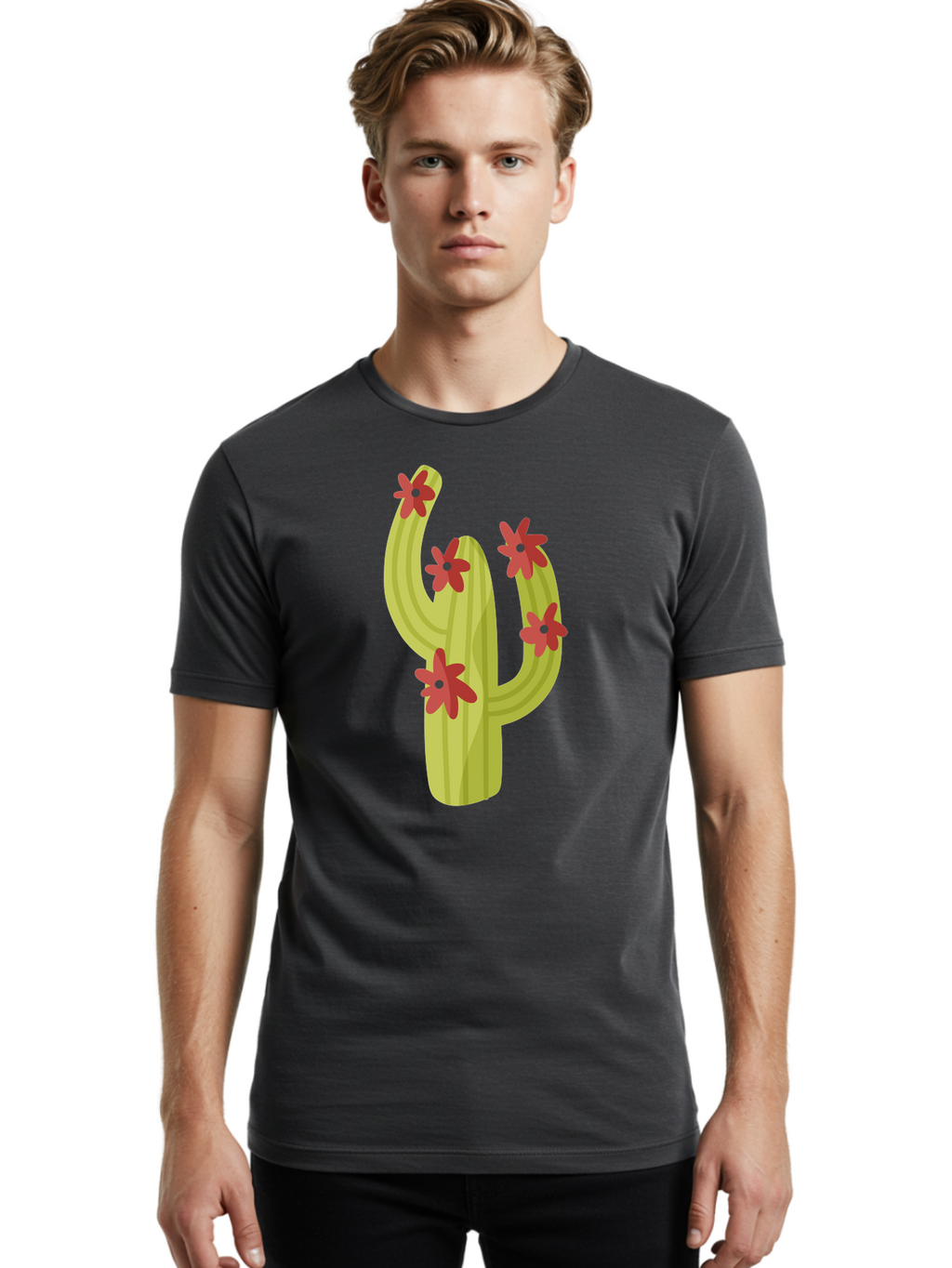 Cactus Men'S Graphic Tee, 100% Cotton, Comfortable Casual Summer Wear, Machine Washable, Cartoon Cactus, Red Flowers, Desert Plants, Succulent Plants, Flowering Cacti, Vibrant Cactus, Garden Graphics, Digital Illustration, Cactus Art Aad679