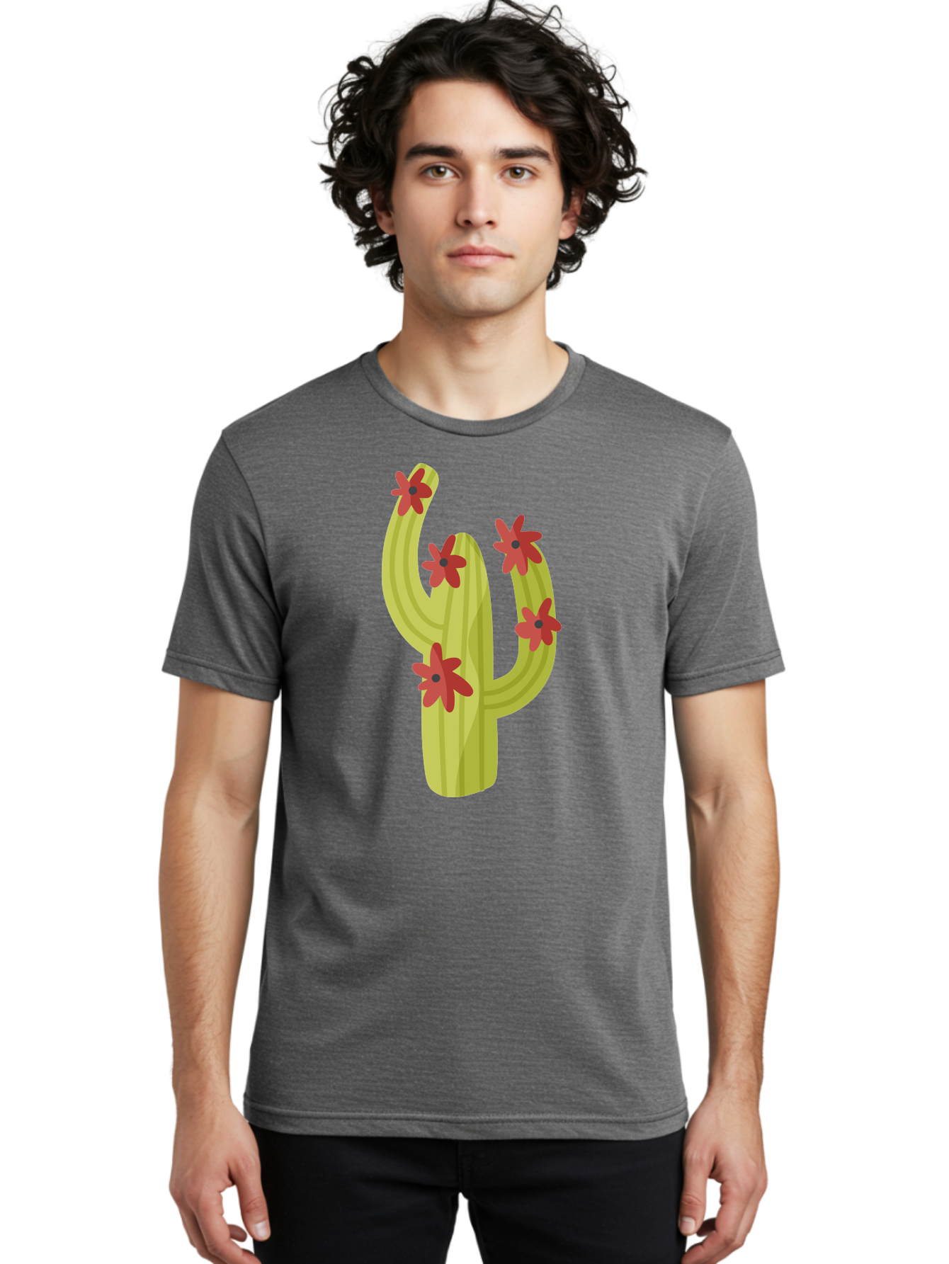 Cactus Men'S Graphic Tee, 100% Cotton, Comfortable Casual Summer Wear, Machine Washable, Cartoon Cactus, Red Flowers, Desert Plants, Succulent Plants, Flowering Cacti, Vibrant Cactus, Garden Graphics, Digital Illustration, Cactus Art Aad679