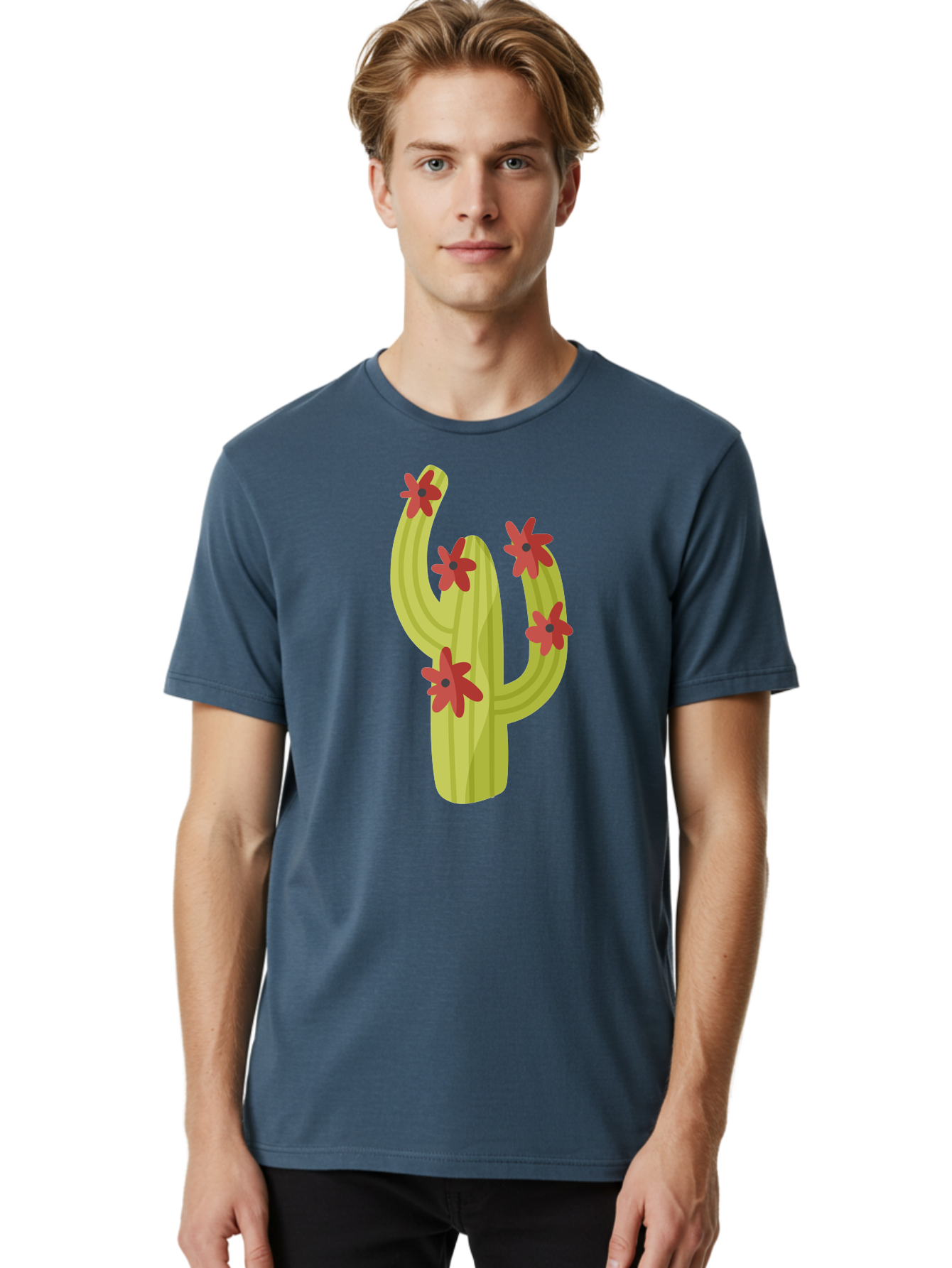 Cactus Men'S Graphic Tee, 100% Cotton, Comfortable Casual Summer Wear, Machine Washable, Cartoon Cactus, Red Flowers, Desert Plants, Succulent Plants, Flowering Cacti, Vibrant Cactus, Garden Graphics, Digital Illustration, Cactus Art Aad679