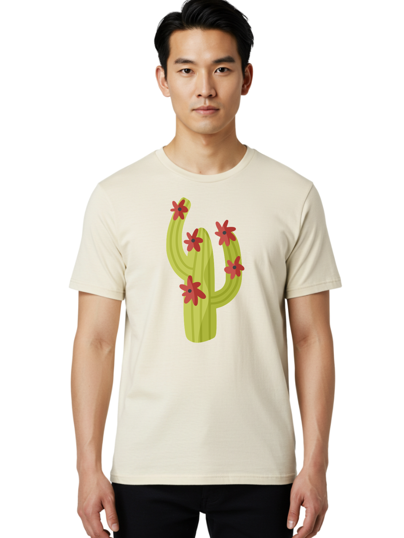 Cactus Men'S Graphic Tee, 100% Cotton, Comfortable Casual Summer Wear, Machine Washable, Cartoon Cactus, Red Flowers, Desert Plants, Succulent Plants, Flowering Cacti, Vibrant Cactus, Garden Graphics, Digital Illustration, Cactus Art Aad679