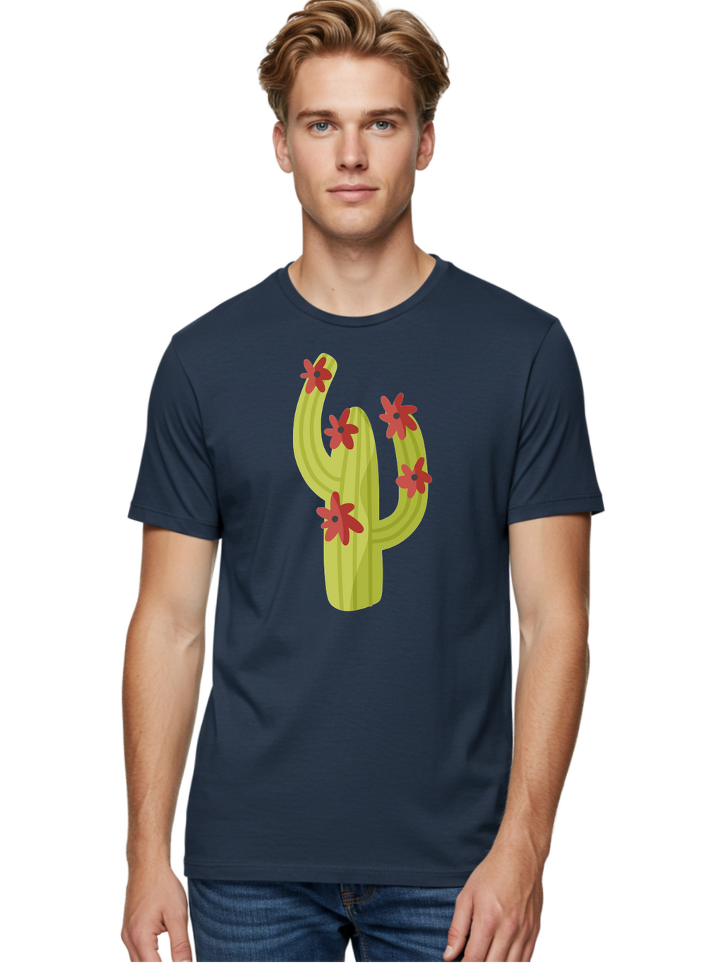 Cactus Men'S Graphic Tee, 100% Cotton, Comfortable Casual Summer Wear, Machine Washable, Cartoon Cactus, Red Flowers, Desert Plants, Succulent Plants, Flowering Cacti, Vibrant Cactus, Garden Graphics, Digital Illustration, Cactus Art Aad679