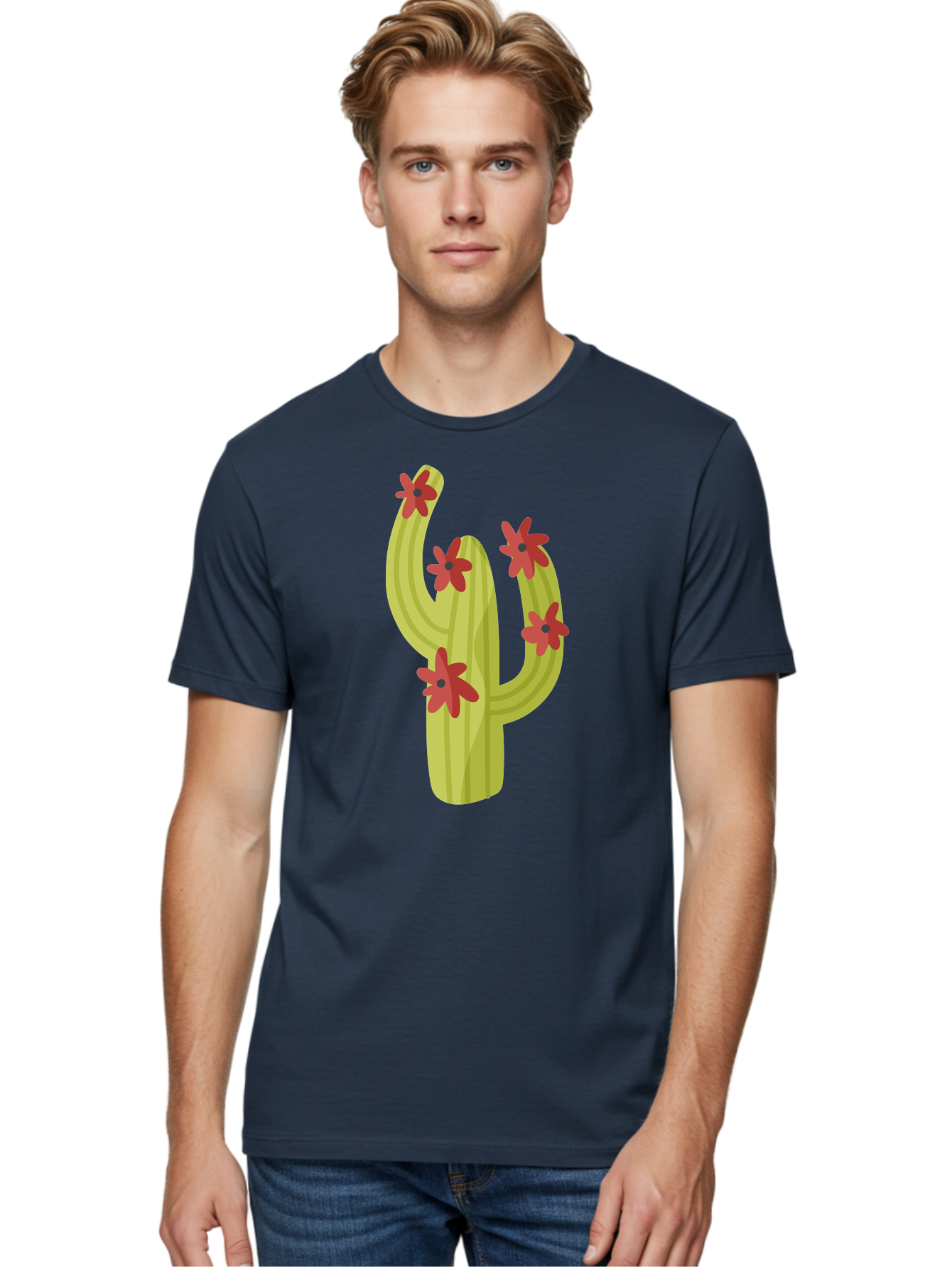 Cactus Men'S Graphic Tee, 100% Cotton, Comfortable Casual Summer Wear, Machine Washable, Cartoon Cactus, Red Flowers, Desert Plants, Succulent Plants, Flowering Cacti, Vibrant Cactus, Garden Graphics, Digital Illustration, Cactus Art Aad679