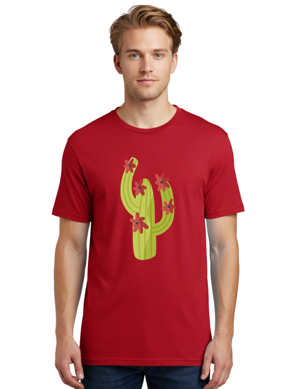 Cactus Men'S Graphic Tee, 100% Cotton, Comfortable Casual Summer Wear, Machine Washable, Cartoon Cactus, Red Flowers, Desert Plants, Succulent Plants, Flowering Cacti, Vibrant Cactus, Garden Graphics, Digital Illustration, Cactus Art Aad679