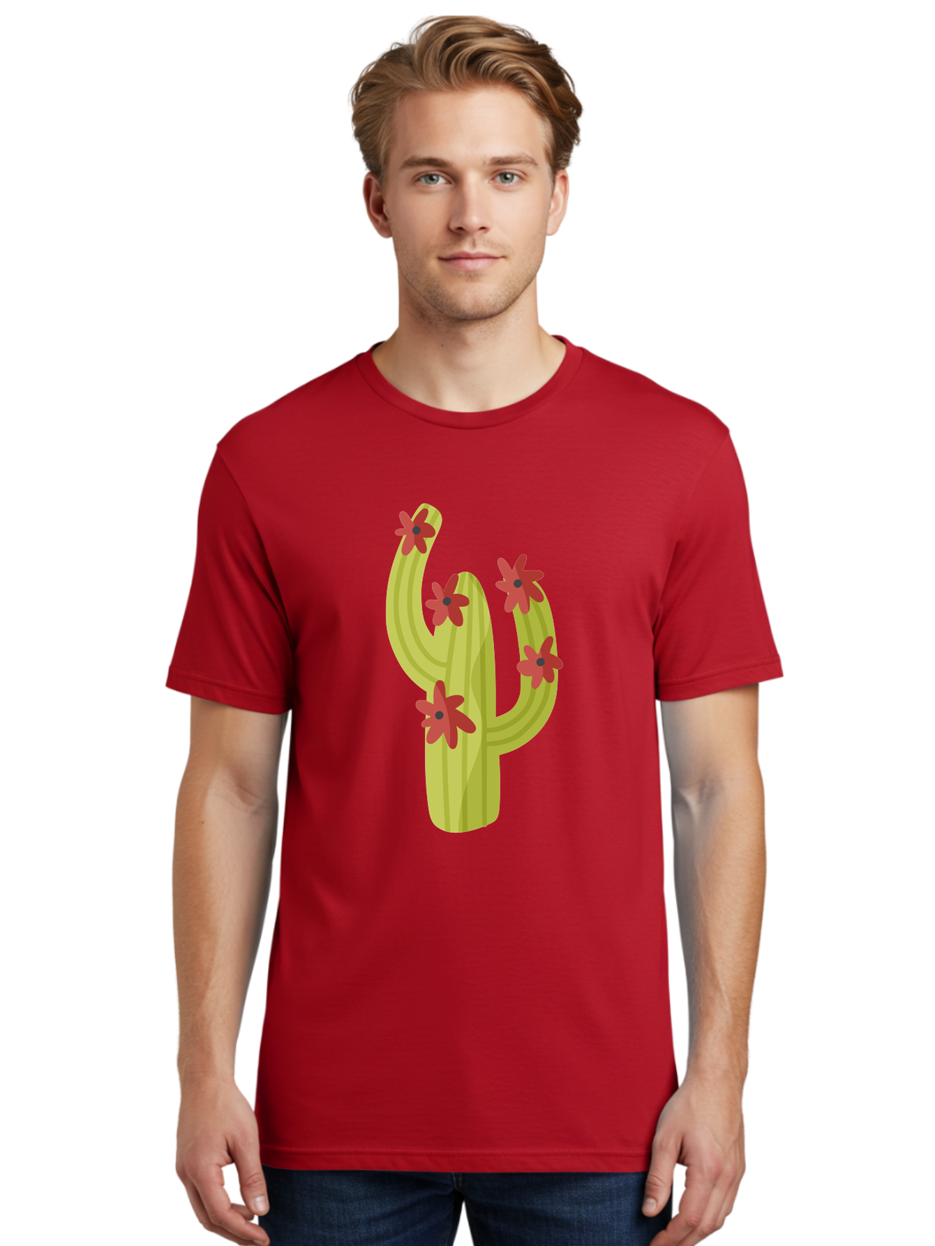 Cactus Men'S Graphic Tee, 100% Cotton, Comfortable Casual Summer Wear, Machine Washable, Cartoon Cactus, Red Flowers, Desert Plants, Succulent Plants, Flowering Cacti, Vibrant Cactus, Garden Graphics, Digital Illustration, Cactus Art Aad679