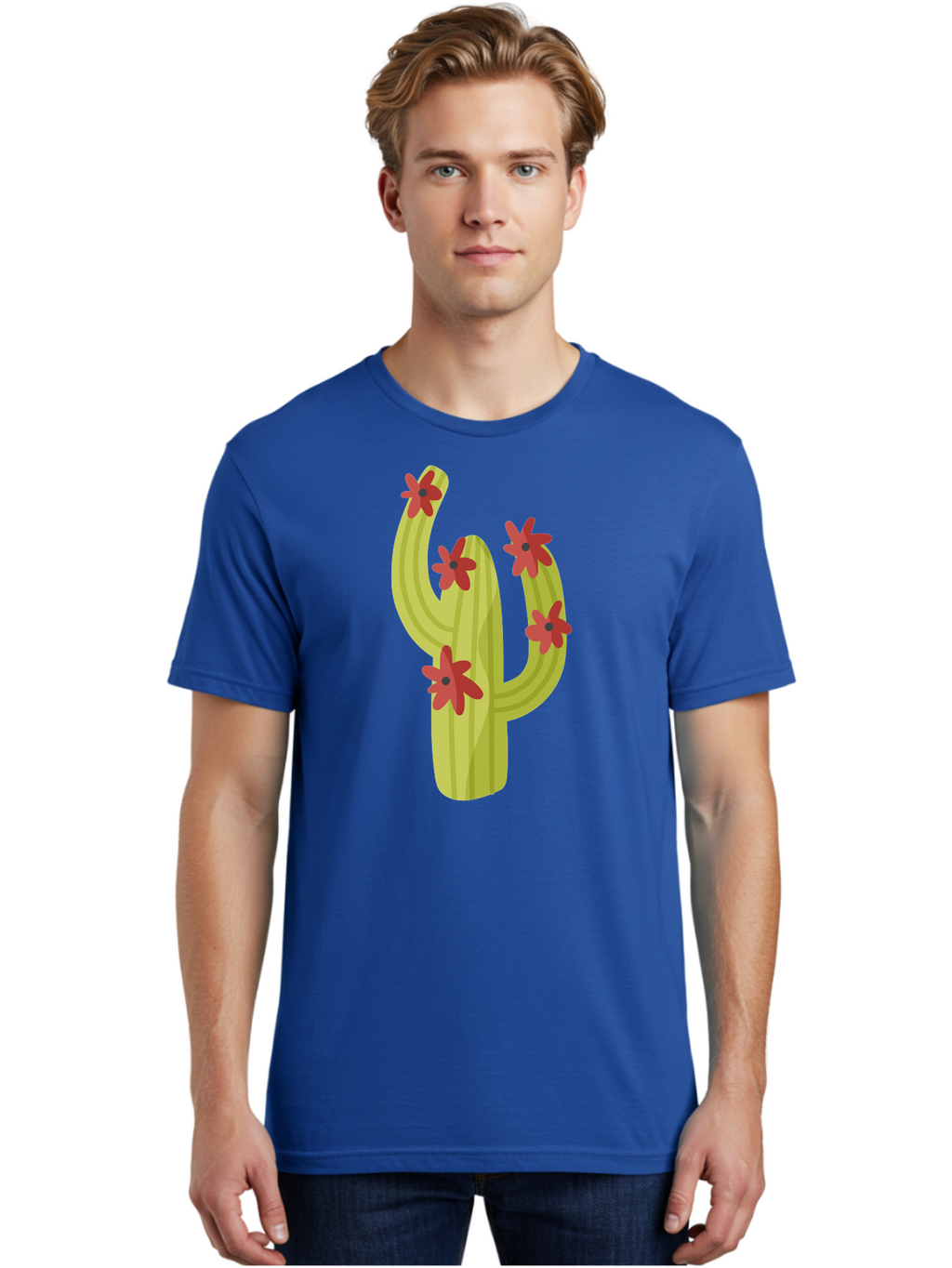 Cactus Men'S Graphic Tee, 100% Cotton, Comfortable Casual Summer Wear, Machine Washable, Cartoon Cactus, Red Flowers, Desert Plants, Succulent Plants, Flowering Cacti, Vibrant Cactus, Garden Graphics, Digital Illustration, Cactus Art Aad679