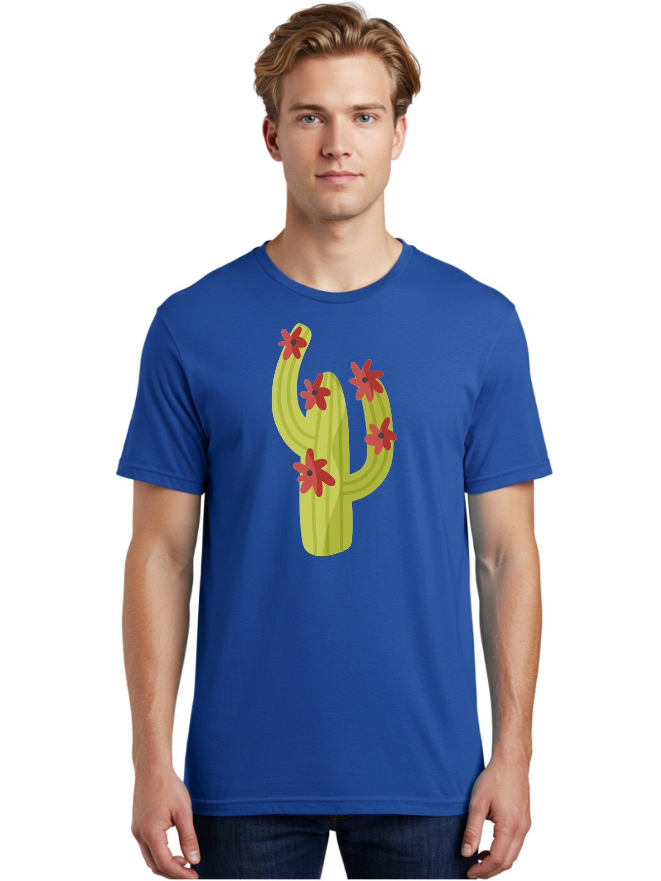 Cactus Men'S Graphic Tee, 100% Cotton, Comfortable Casual Summer Wear, Machine Washable, Cartoon Cactus, Red Flowers, Desert Plants, Succulent Plants, Flowering Cacti, Vibrant Cactus, Garden Graphics, Digital Illustration, Cactus Art Aad679