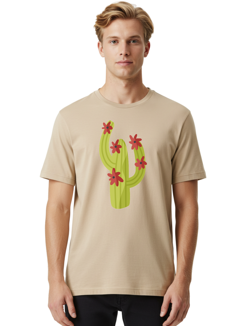 Cactus Men'S Graphic Tee, 100% Cotton, Comfortable Casual Summer Wear, Machine Washable, Cartoon Cactus, Red Flowers, Desert Plants, Succulent Plants, Flowering Cacti, Vibrant Cactus, Garden Graphics, Digital Illustration, Cactus Art Aad679