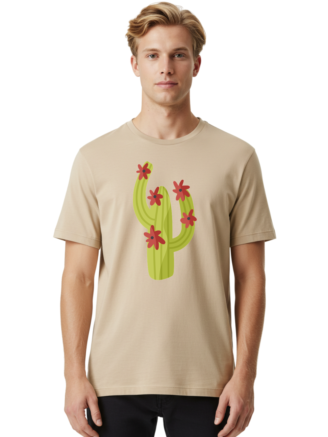 Cactus Men'S Graphic Tee, 100% Cotton, Comfortable Casual Summer Wear, Machine Washable, Cartoon Cactus, Red Flowers, Desert Plants, Succulent Plants, Flowering Cacti, Vibrant Cactus, Garden Graphics, Digital Illustration, Cactus Art Aad679