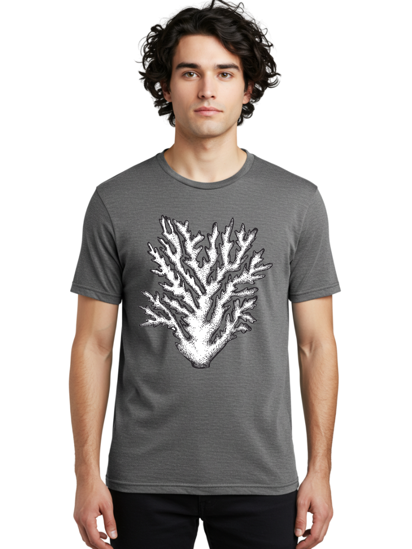 Coral-1 Men'S Graphic Tee, 100% Cotton, Comfortable Casual Summer Wear, Machine Washable, White Coral, Coral Illustration, Marine Life, Underwater World, Ocean Creatures, Coral Reef, Black And White Art Aad688