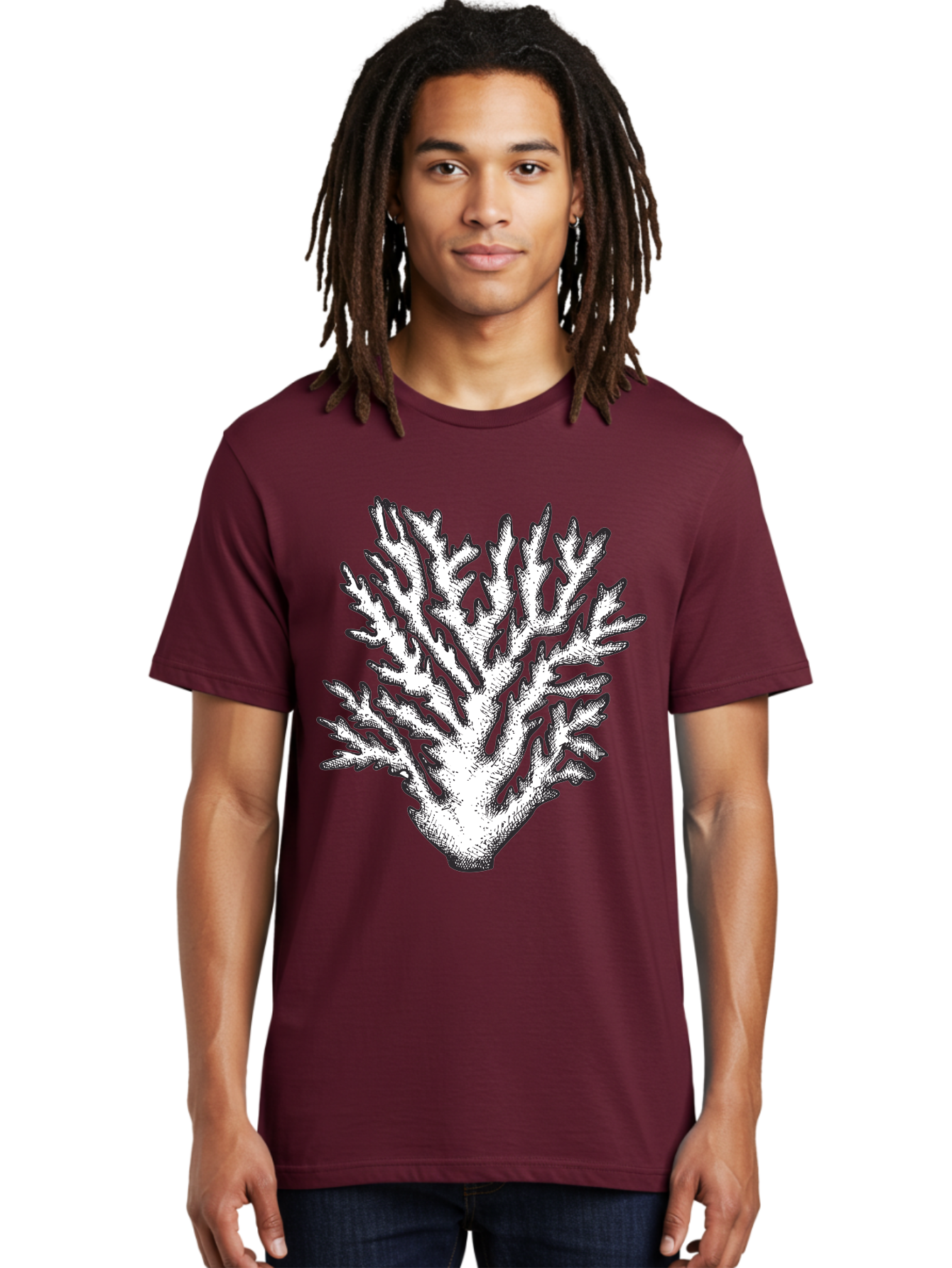 Coral-1 Men'S Graphic Tee, 100% Cotton, Comfortable Casual Summer Wear, Machine Washable, White Coral, Coral Illustration, Marine Life, Underwater World, Ocean Creatures, Coral Reef, Black And White Art Aad688