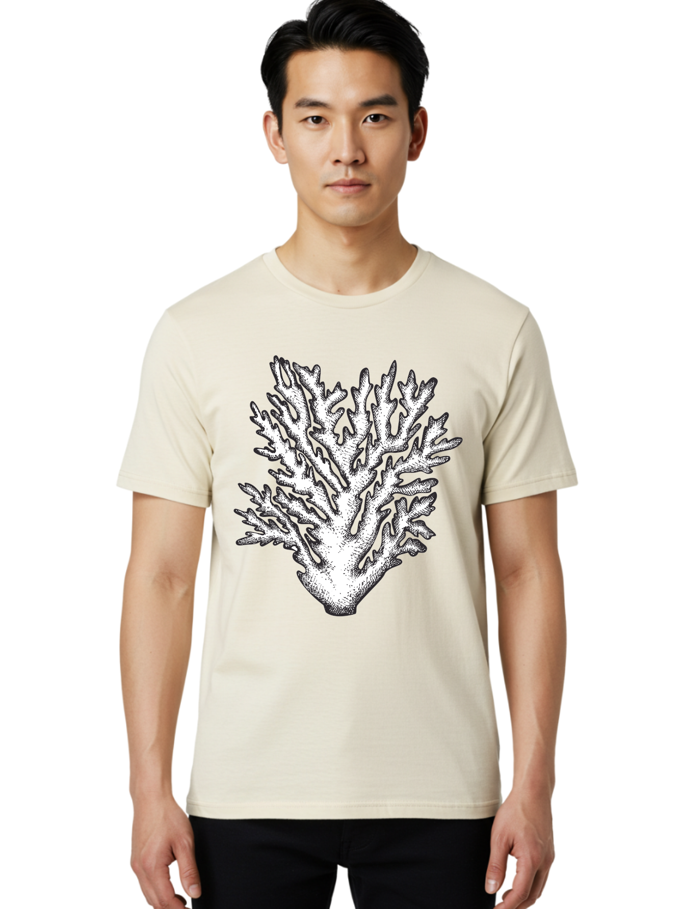 Coral-1 Men'S Graphic Tee, 100% Cotton, Comfortable Casual Summer Wear, Machine Washable, White Coral, Coral Illustration, Marine Life, Underwater World, Ocean Creatures, Coral Reef, Black And White Art Aad688