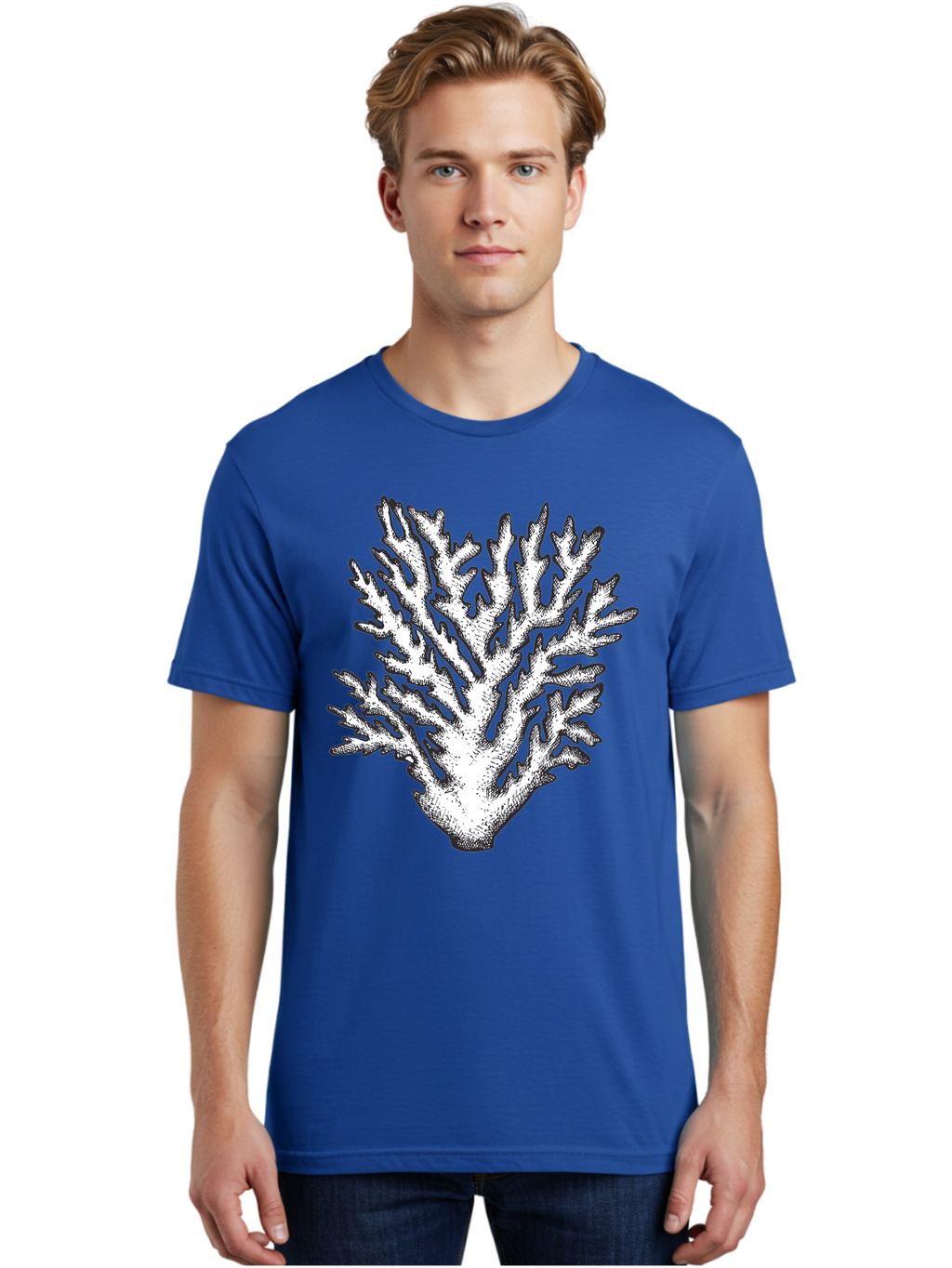 Coral-1 Men'S Graphic Tee, 100% Cotton, Comfortable Casual Summer Wear, Machine Washable, White Coral, Coral Illustration, Marine Life, Underwater World, Ocean Creatures, Coral Reef, Black And White Art Aad688