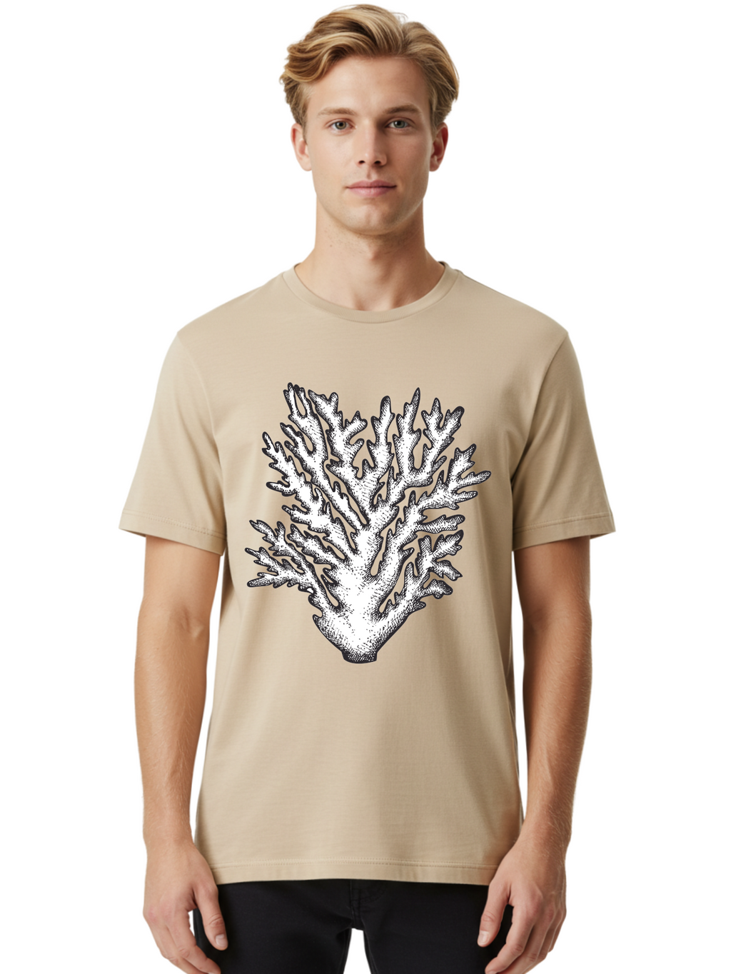 Coral-1 Men'S Graphic Tee, 100% Cotton, Comfortable Casual Summer Wear, Machine Washable, White Coral, Coral Illustration, Marine Life, Underwater World, Ocean Creatures, Coral Reef, Black And White Art Aad688