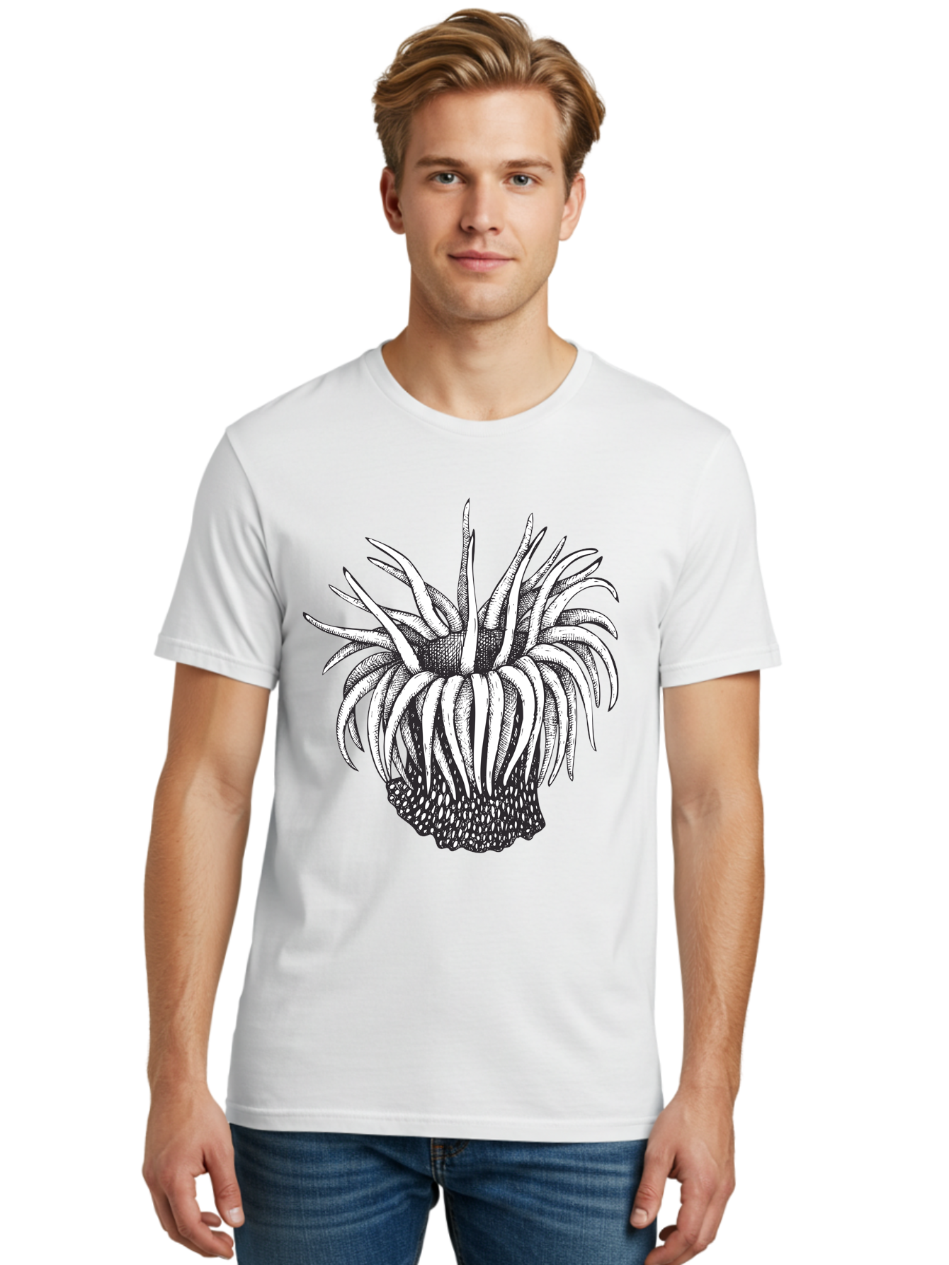 Dandelion Men'S Graphic Tee, 100% Cotton, Comfortable Casual Summer Wear, Machine Washable, Thistle Flower, Wildflower, Black And White Illustration, Botanical Art, Floral Design, Intricate Details, Spiky Petals Aad692