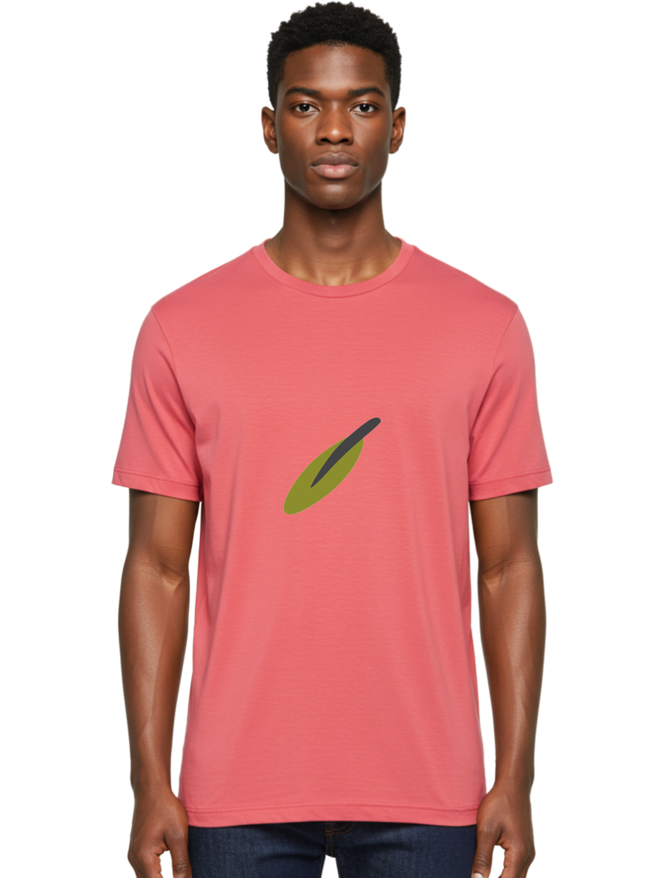 Dark-Gray-Elongated-Shape Men'S Graphic Tee, 100% Cotton, Comfortable Casual Summer Wear, Machine Washable, Olive Fruit, Green And Black Colors, Simple Design, Minimalist Style, Abstract Representation, Food Illustration, Single Object Aad693