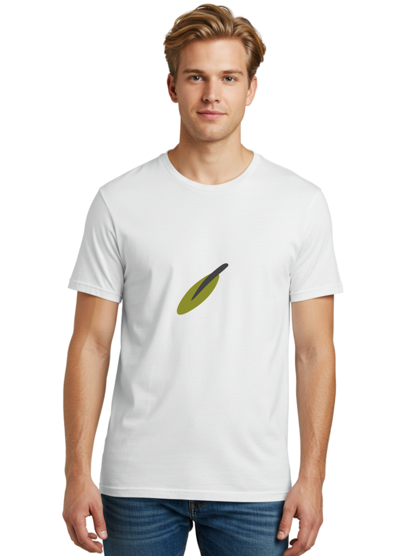 Dark-Gray-Elongated-Shape Men'S Graphic Tee, 100% Cotton, Comfortable Casual Summer Wear, Machine Washable, Olive Fruit, Green And Black Colors, Simple Design, Minimalist Style, Abstract Representation, Food Illustration, Single Object Aad693
