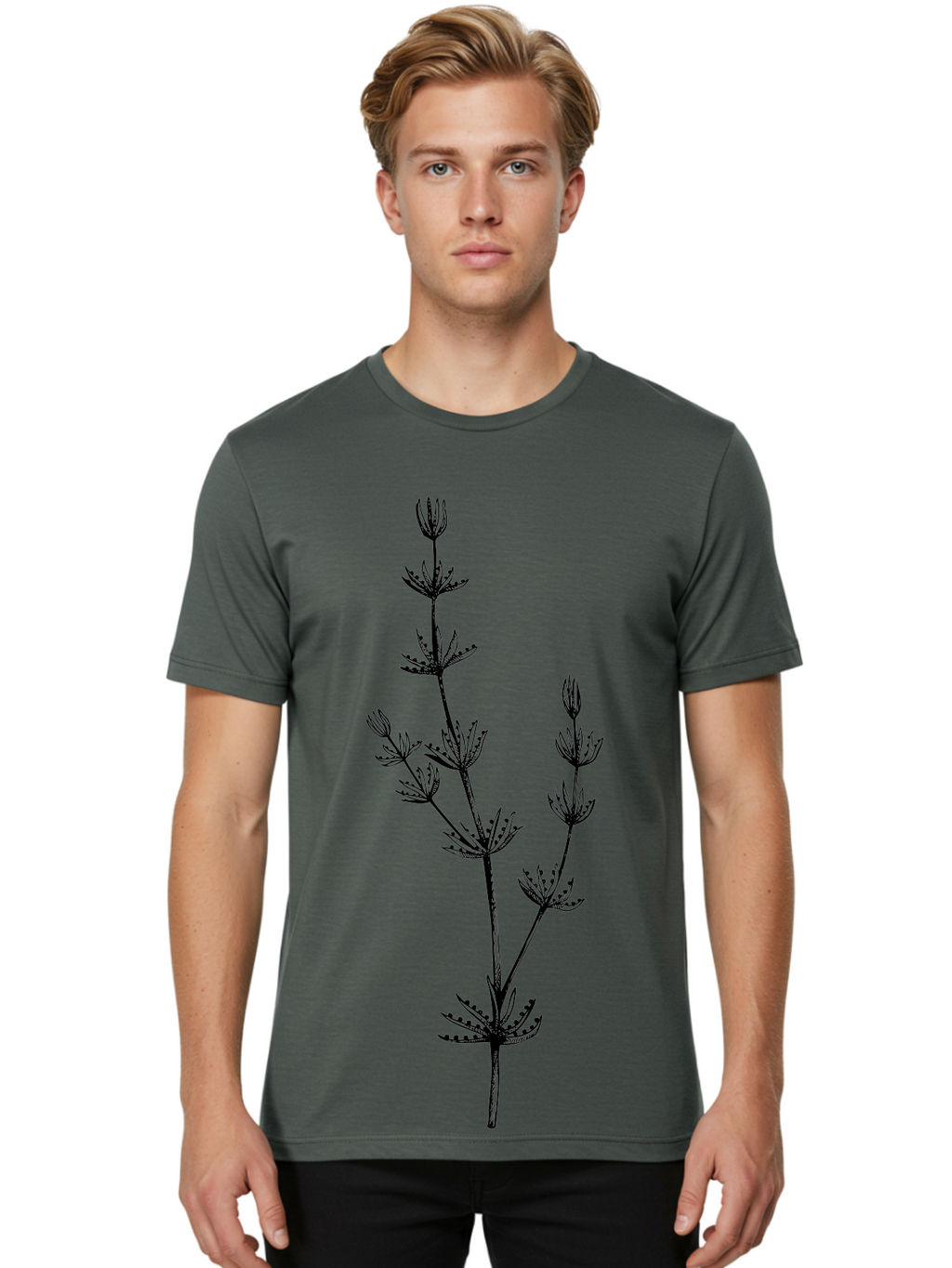 Delicate-Floral-Silhouette Men'S Graphic Tee, 100% Cotton, Comfortable Casual Summer Wear, Machine Washable, Wildflower, Delicate Flowers, Intricate Details, Elegant Stems, Floral Design, Botanical Illustration, Nature-Inspired Art, Aad694