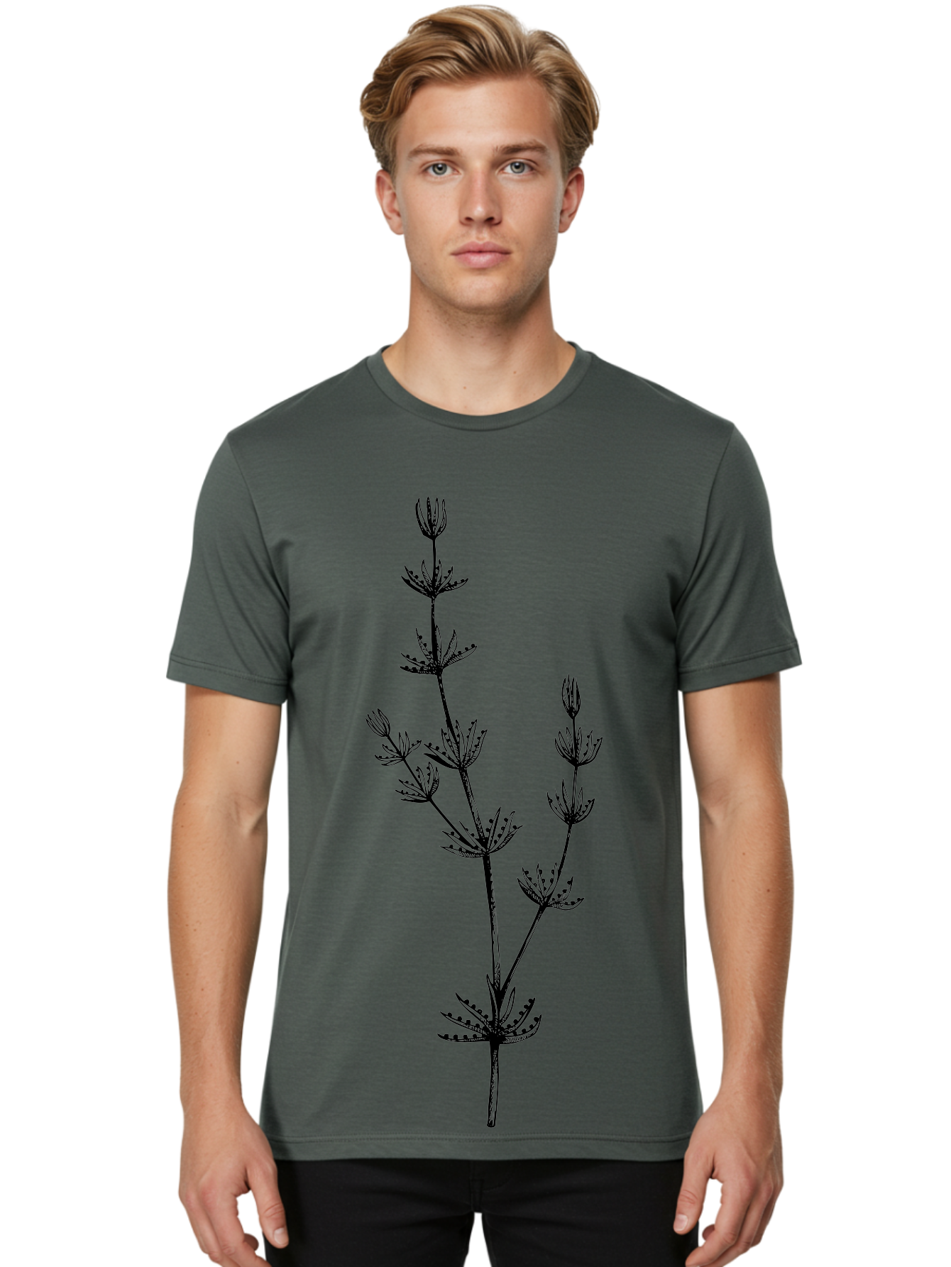 Delicate-Floral-Silhouette Men'S Graphic Tee, 100% Cotton, Comfortable Casual Summer Wear, Machine Washable, Wildflower, Delicate Flowers, Intricate Details, Elegant Stems, Floral Design, Botanical Illustration, Nature-Inspired Art, Aad694