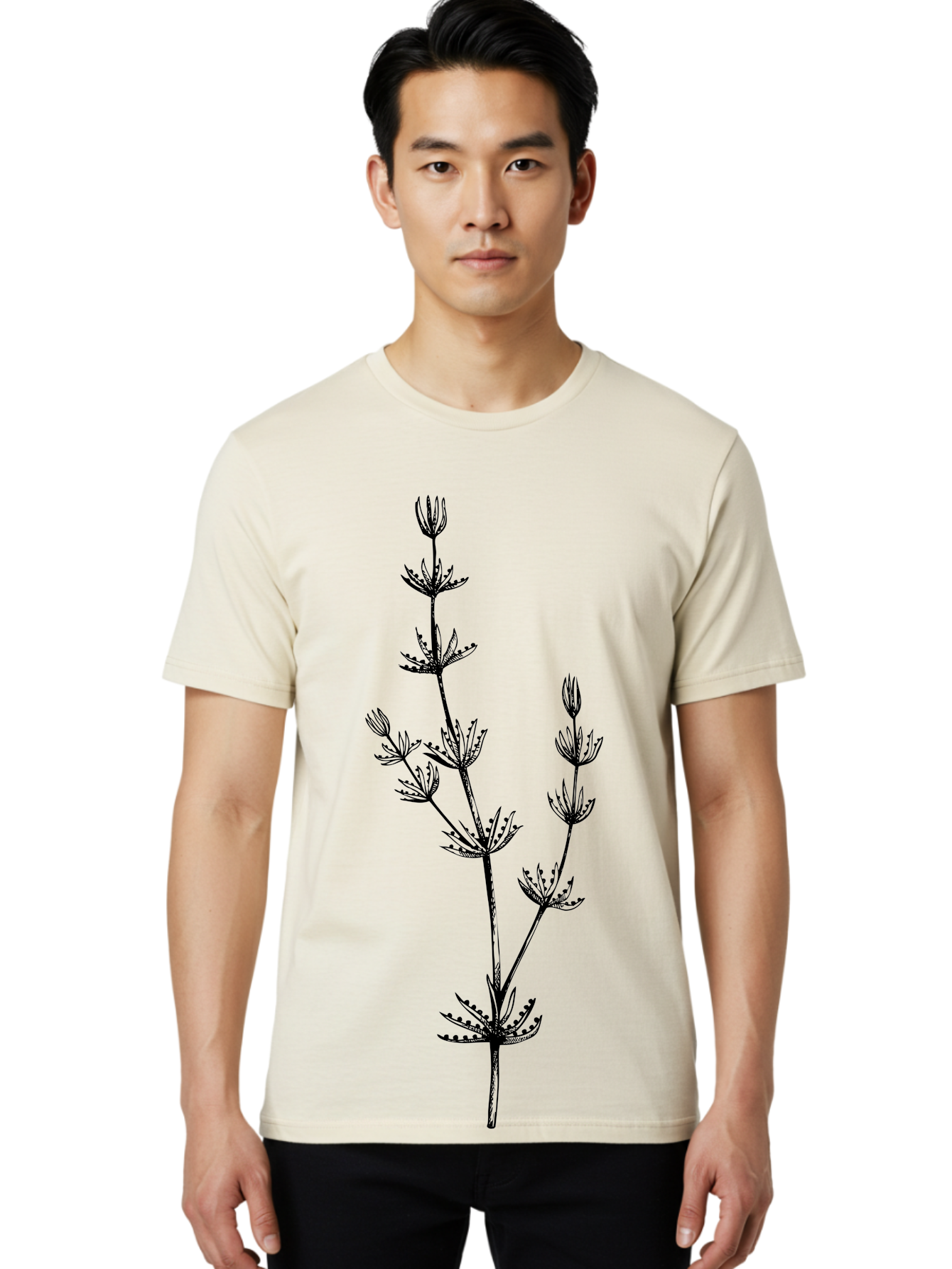 Delicate-Floral-Silhouette Men'S Graphic Tee, 100% Cotton, Comfortable Casual Summer Wear, Machine Washable, Wildflower, Delicate Flowers, Intricate Details, Elegant Stems, Floral Design, Botanical Illustration, Nature-Inspired Art, Aad694