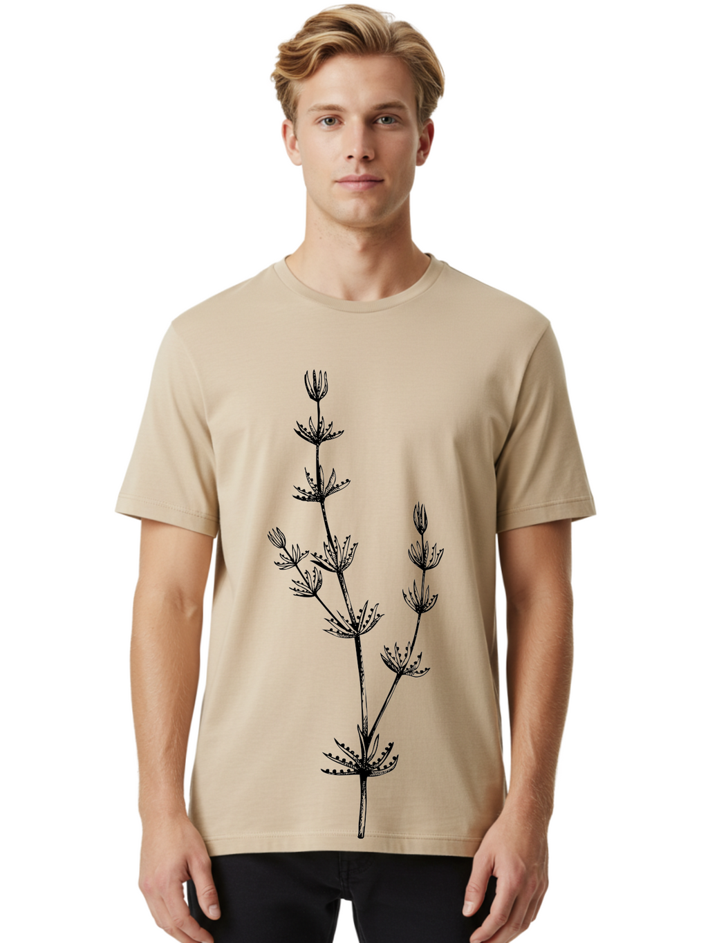 Delicate-Floral-Silhouette Men'S Graphic Tee, 100% Cotton, Comfortable Casual Summer Wear, Machine Washable, Wildflower, Delicate Flowers, Intricate Details, Elegant Stems, Floral Design, Botanical Illustration, Nature-Inspired Art, Aad694