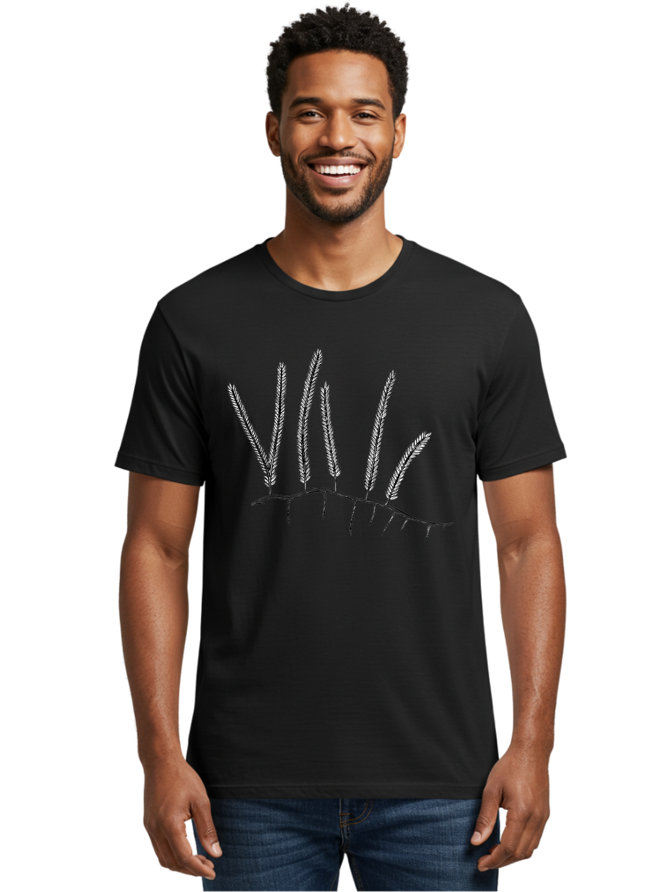 Grass-Plant Men'S Graphic Tee, 100% Cotton, Comfortable Casual Summer Wear, Machine Washable, Wheat Plant Illustration, Grassy Stalks, Leafy Foliage, Botanical Art, Simple Design, Black And White, Wheat Ears Aad702