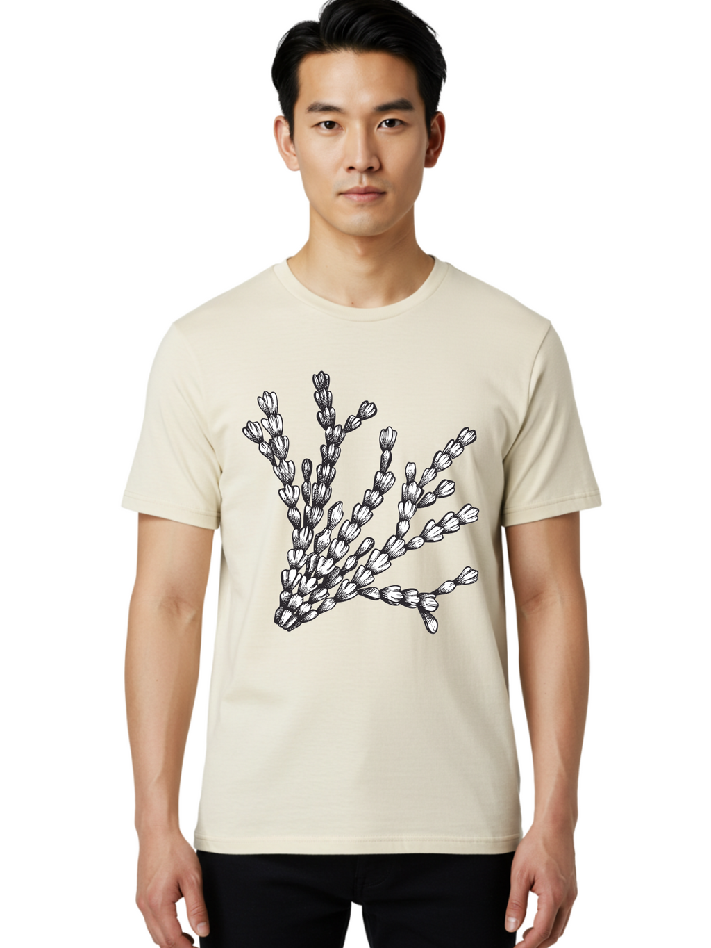Lavender-Sprigs Men'S Graphic Tee, 100% Cotton, Comfortable Casual Summer Wear, Machine Washable, Hand-Drawn Lavender Sprigs, Black And White Illustration, Floral Design, Elegant Stems, Delicate Flowers, Artistic Rendering, Botanical Art, Aad708