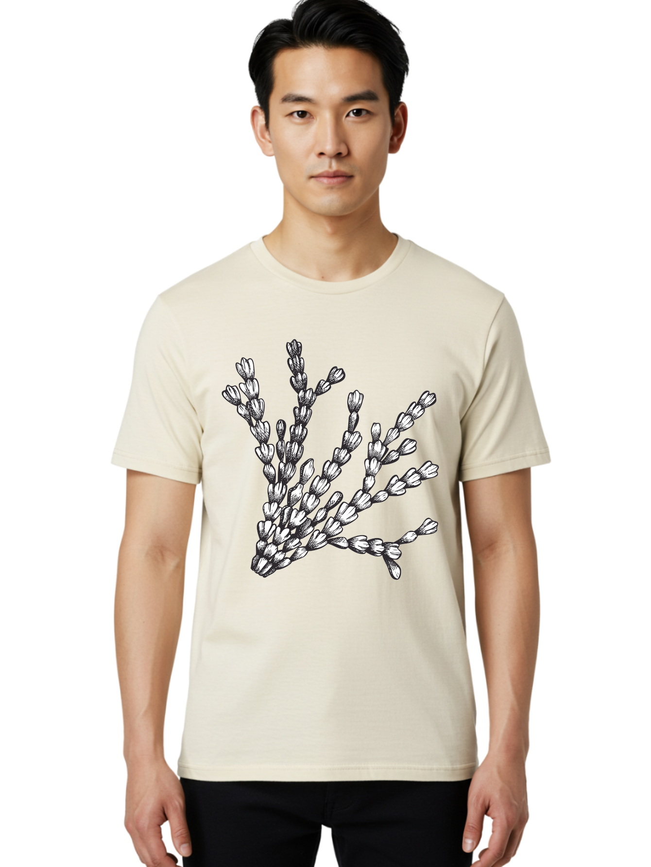 Lavender-Sprigs Men'S Graphic Tee, 100% Cotton, Comfortable Casual Summer Wear, Machine Washable, Hand-Drawn Lavender Sprigs, Black And White Illustration, Floral Design, Elegant Stems, Delicate Flowers, Artistic Rendering, Botanical Art, Aad708