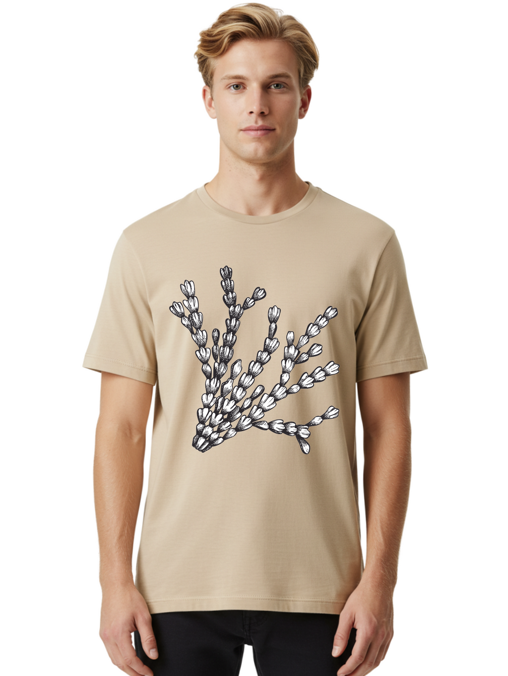 Lavender-Sprigs Men'S Graphic Tee, 100% Cotton, Comfortable Casual Summer Wear, Machine Washable, Hand-Drawn Lavender Sprigs, Black And White Illustration, Floral Design, Elegant Stems, Delicate Flowers, Artistic Rendering, Botanical Art, Aad708