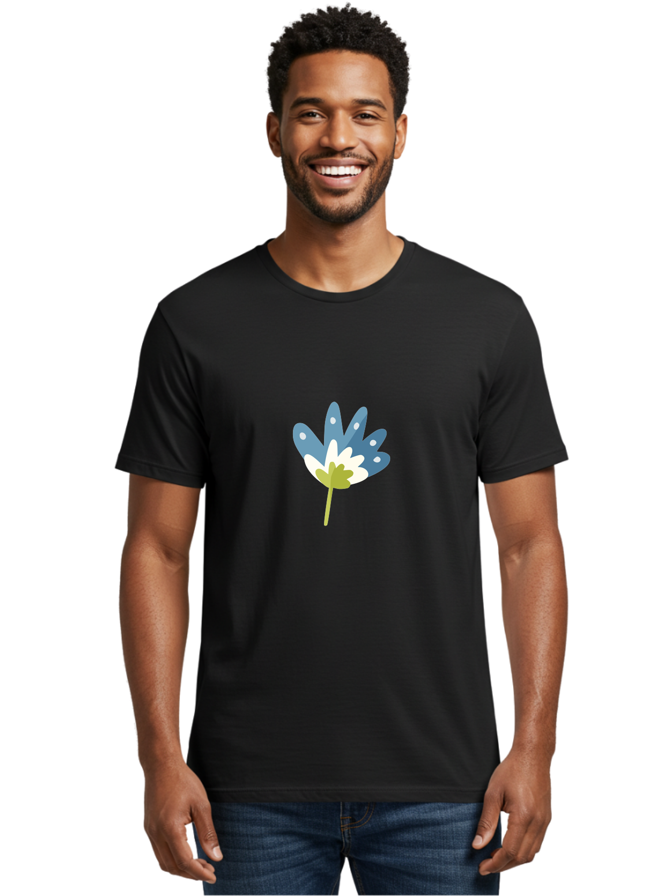 Leaf Men'S Graphic Tee, 100% Cotton, Comfortable Casual Summer Wear, Machine Washable, Stylized Maple Leaf, Colorful Design, Blue And White Hues, White Dots, Green Stem, Modern Illustration, Abstract Foliage, Artistic Leaf Aad714