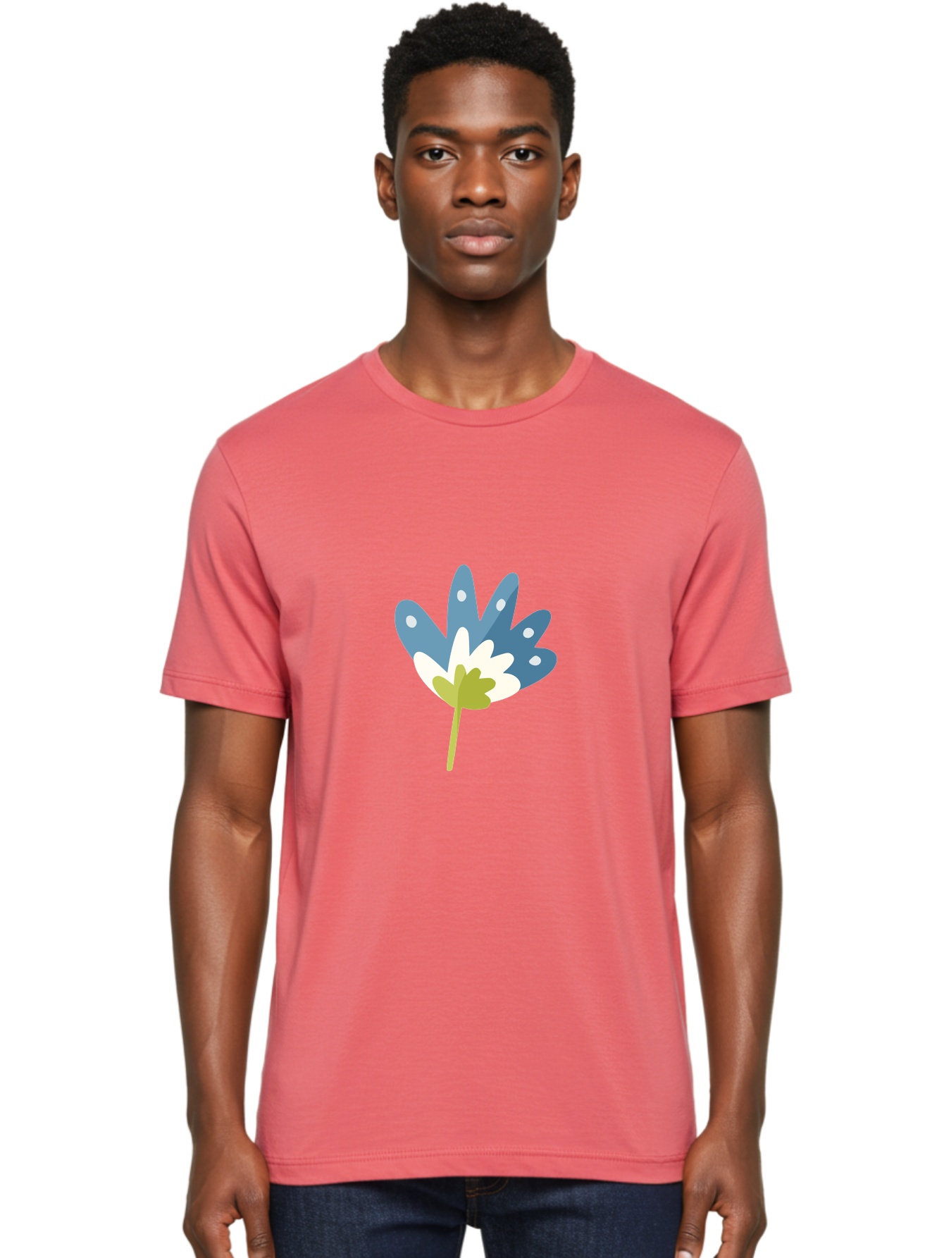 Leaf Men'S Graphic Tee, 100% Cotton, Comfortable Casual Summer Wear, Machine Washable, Stylized Maple Leaf, Colorful Design, Blue And White Hues, White Dots, Green Stem, Modern Illustration, Abstract Foliage, Artistic Leaf Aad714