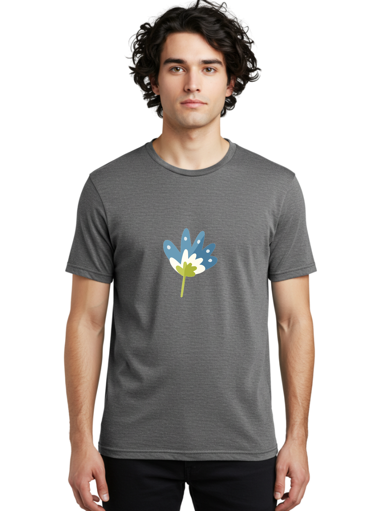 Leaf Men'S Graphic Tee, 100% Cotton, Comfortable Casual Summer Wear, Machine Washable, Stylized Maple Leaf, Colorful Design, Blue And White Hues, White Dots, Green Stem, Modern Illustration, Abstract Foliage, Artistic Leaf Aad714