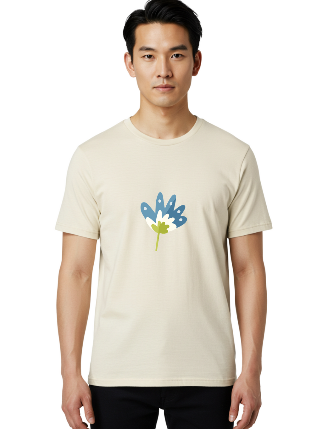 Leaf Men'S Graphic Tee, 100% Cotton, Comfortable Casual Summer Wear, Machine Washable, Stylized Maple Leaf, Colorful Design, Blue And White Hues, White Dots, Green Stem, Modern Illustration, Abstract Foliage, Artistic Leaf Aad714