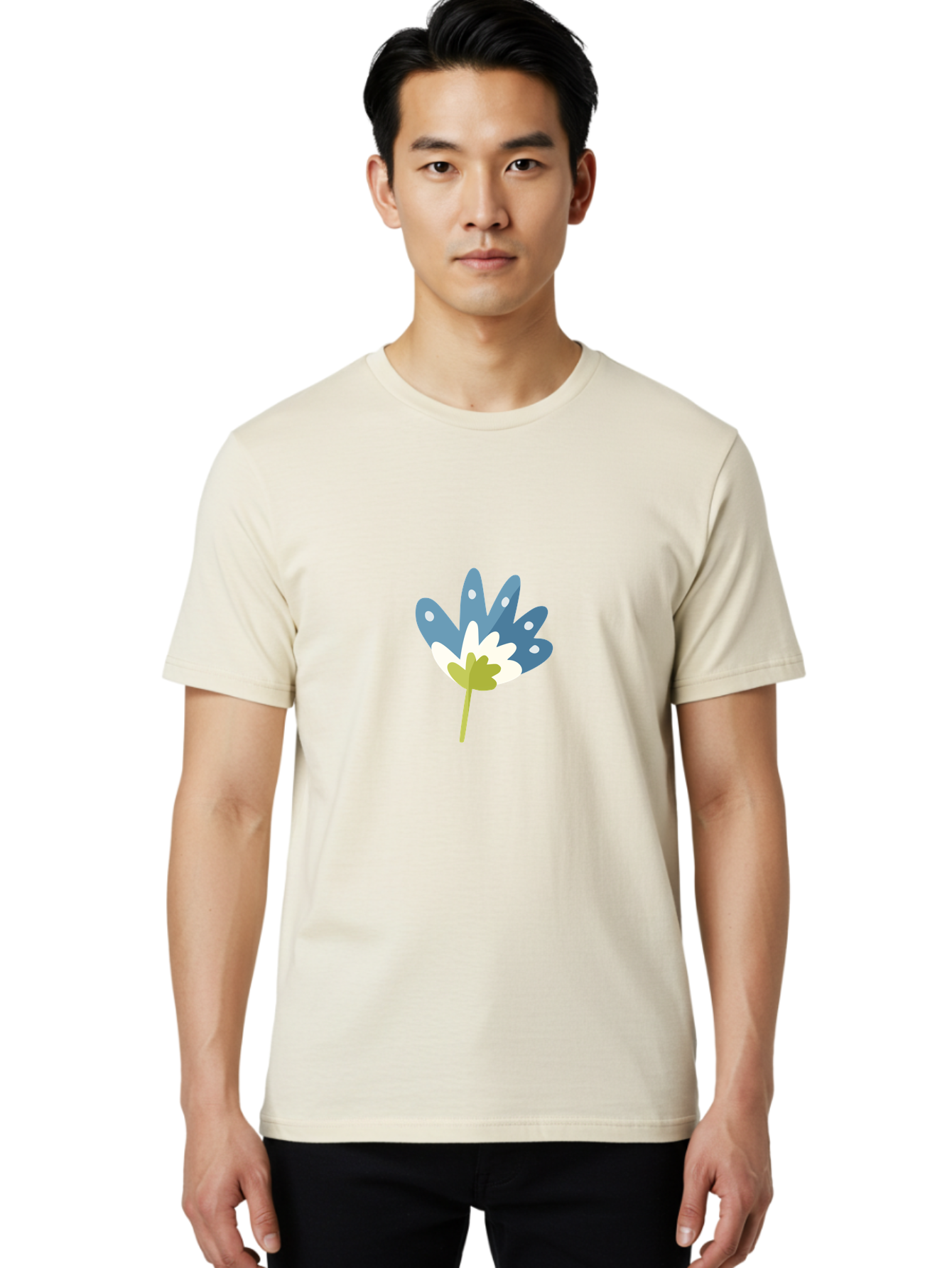 Leaf Men'S Graphic Tee, 100% Cotton, Comfortable Casual Summer Wear, Machine Washable, Stylized Maple Leaf, Colorful Design, Blue And White Hues, White Dots, Green Stem, Modern Illustration, Abstract Foliage, Artistic Leaf Aad714