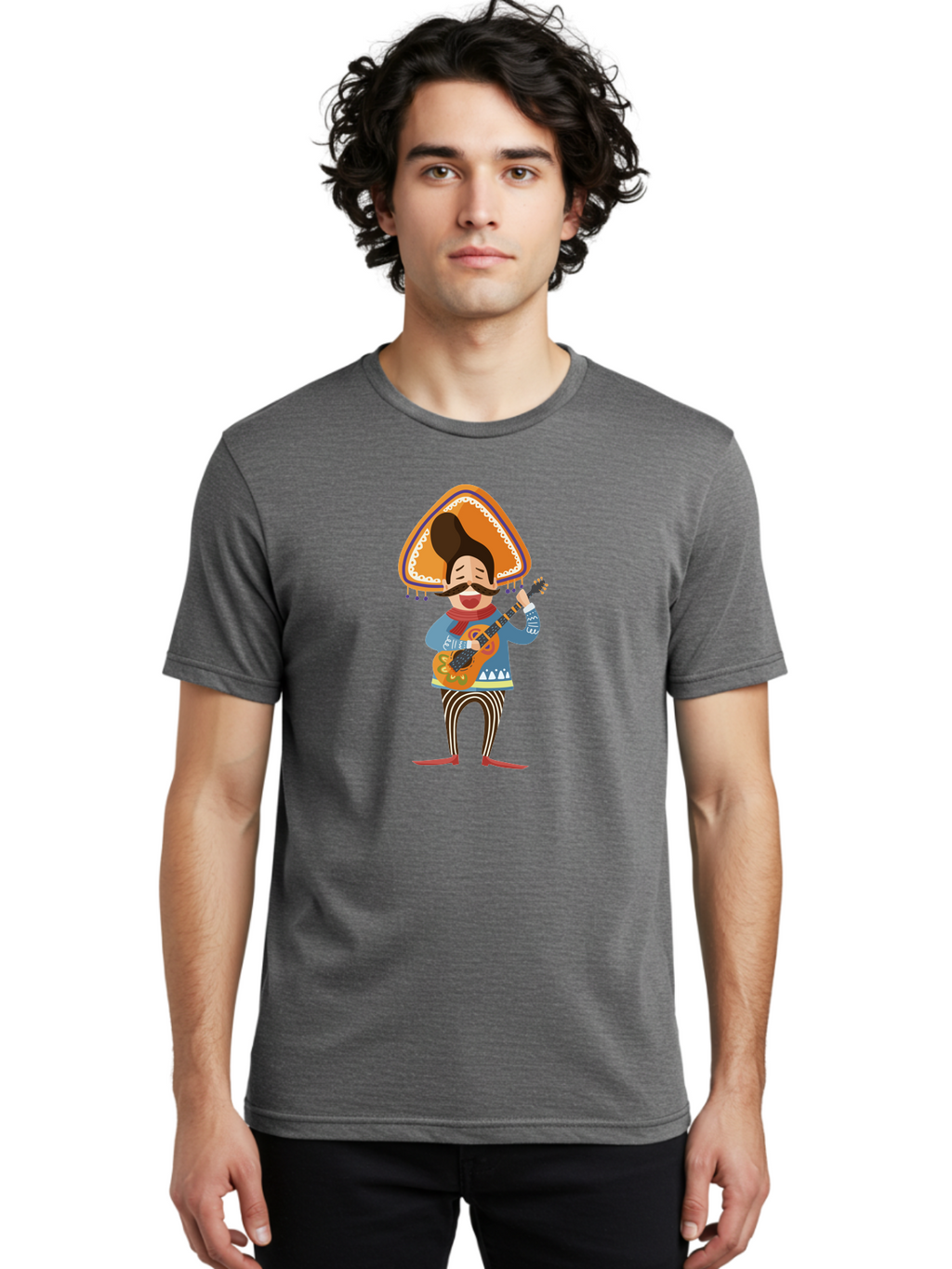 Mariachi-Man Men'S Graphic Tee, 100% Cotton, Comfortable Casual Summer Wear, Machine Washable, Mariachi Musician, Playing Guitar, Wearing Sombrero, Traditional Mexican Clothing, Striped Pants, Red Boots, Festive Atmosphere, Latin Music, Aad721