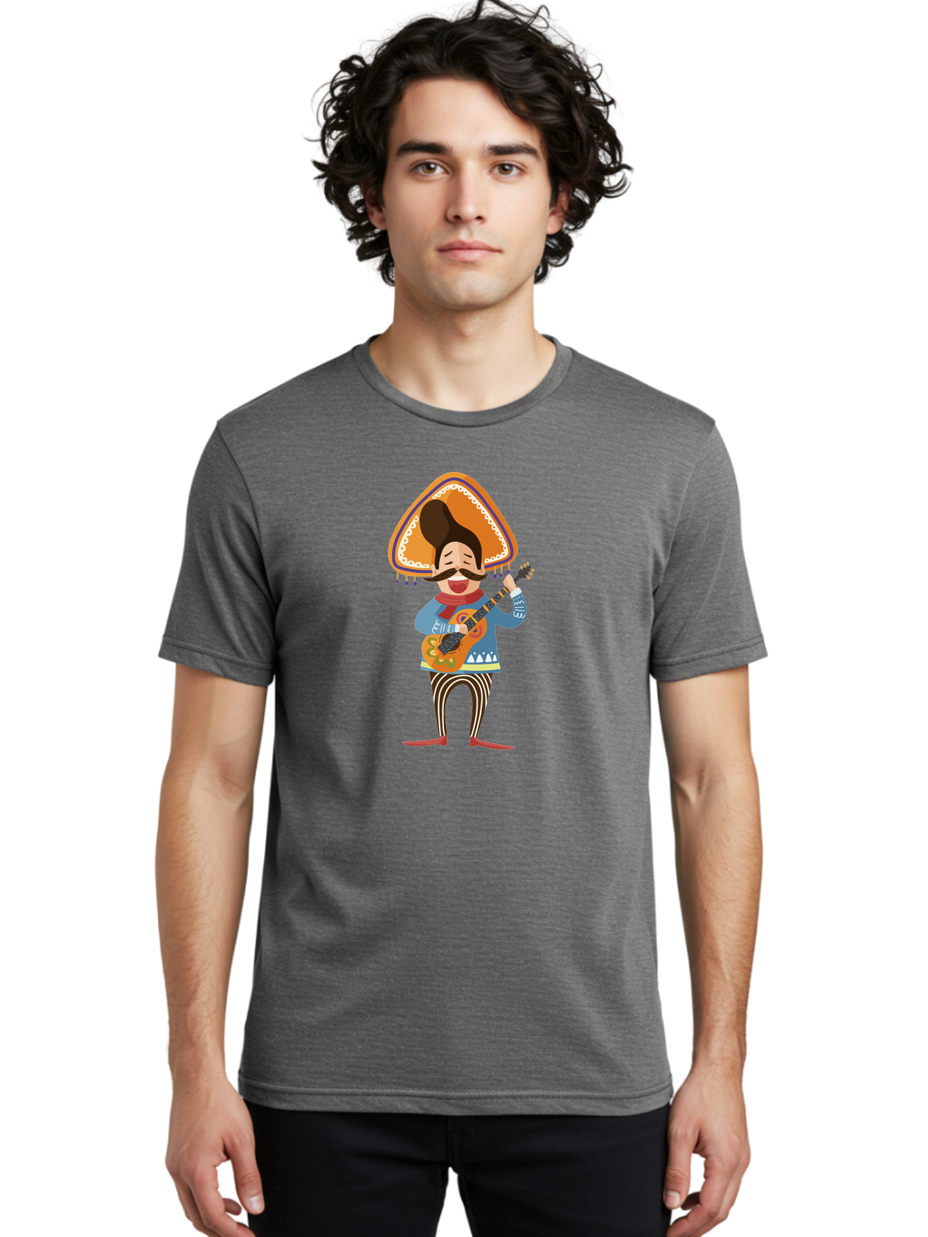 Mariachi-Man Men'S Graphic Tee, 100% Cotton, Comfortable Casual Summer Wear, Machine Washable, Mariachi Musician, Playing Guitar, Wearing Sombrero, Traditional Mexican Clothing, Striped Pants, Red Boots, Festive Atmosphere, Latin Music, Aad721