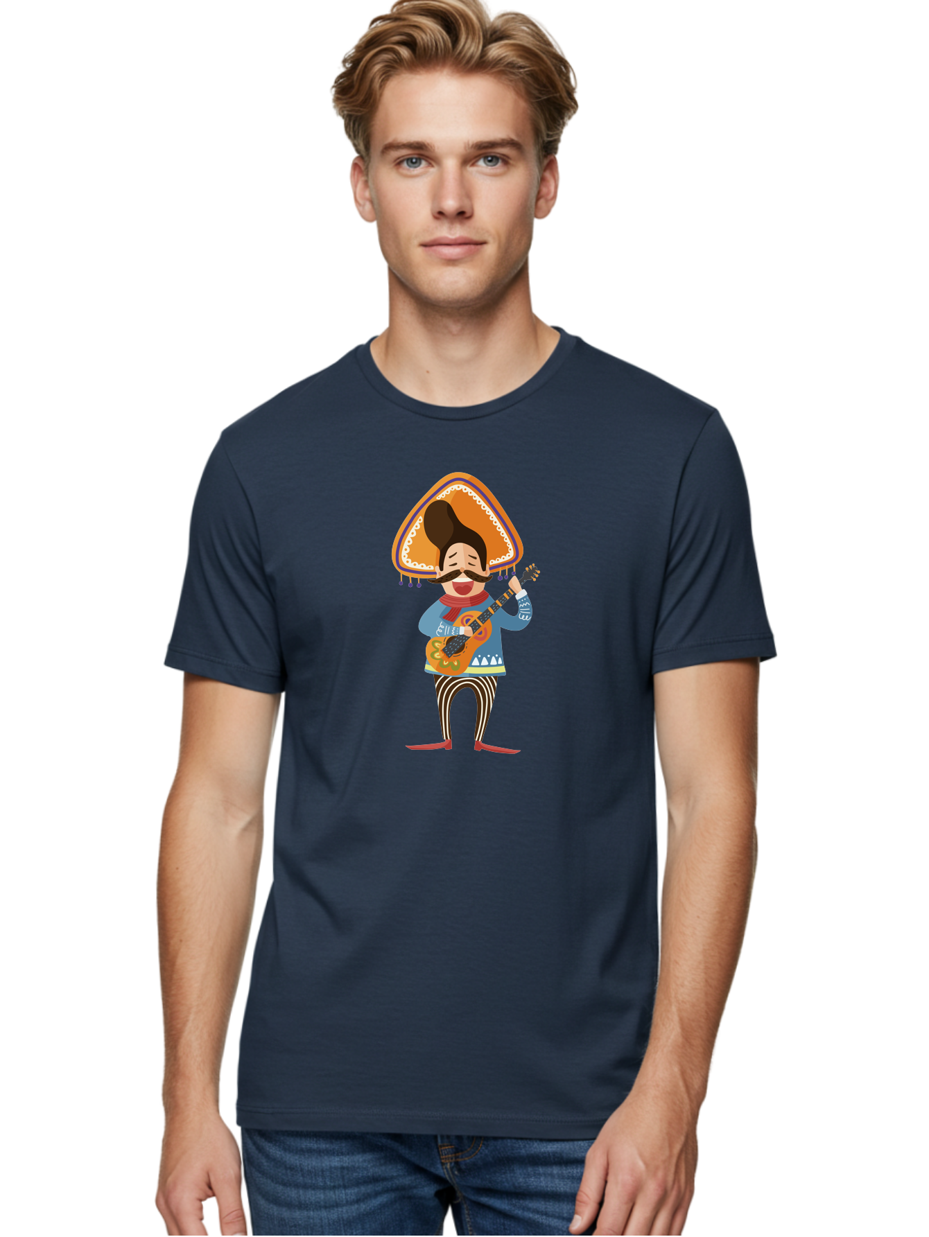 Mariachi-Man Men'S Graphic Tee, 100% Cotton, Comfortable Casual Summer Wear, Machine Washable, Mariachi Musician, Playing Guitar, Wearing Sombrero, Traditional Mexican Clothing, Striped Pants, Red Boots, Festive Atmosphere, Latin Music, Aad721