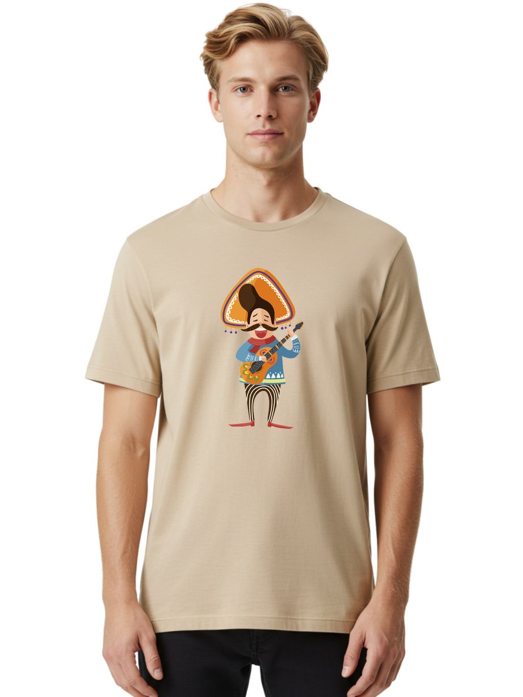 Mariachi-Man Men'S Graphic Tee, 100% Cotton, Comfortable Casual Summer Wear, Machine Washable, Mariachi Musician, Playing Guitar, Wearing Sombrero, Traditional Mexican Clothing, Striped Pants, Red Boots, Festive Atmosphere, Latin Music, Aad721