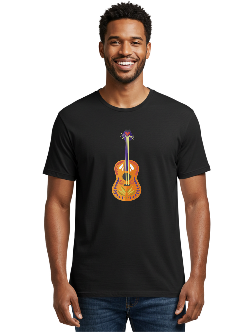 Mexican-Guitar Men'S Graphic Tee, 100% Cotton, Comfortable Casual Summer Wear, Machine Washable, Acoustic Guitar, Stringed Instrument, Music, Floral Pattern, Red And Blue Design, Orange Body, Yellow And White Strings, Cat Face Headstock Aad722