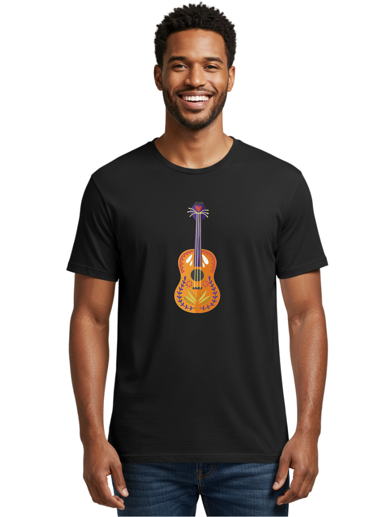Mexican-Guitar Men'S Graphic Tee, 100% Cotton, Comfortable Casual Summer Wear, Machine Washable, Acoustic Guitar, Stringed Instrument, Music, Floral Pattern, Red And Blue Design, Orange Body, Yellow And White Strings, Cat Face Headstock Aad722