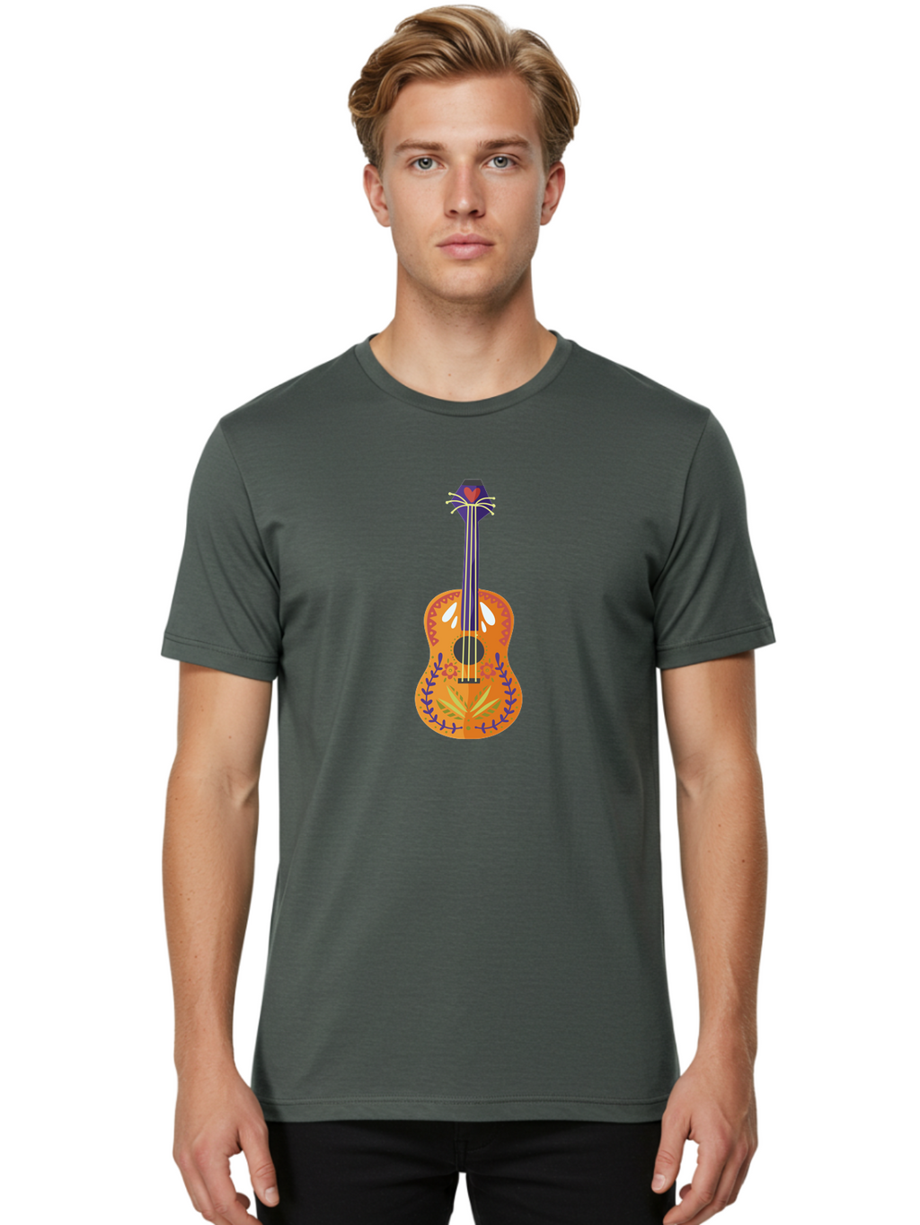 Mexican-Guitar Men'S Graphic Tee, 100% Cotton, Comfortable Casual Summer Wear, Machine Washable, Acoustic Guitar, Stringed Instrument, Music, Floral Pattern, Red And Blue Design, Orange Body, Yellow And White Strings, Cat Face Headstock Aad722
