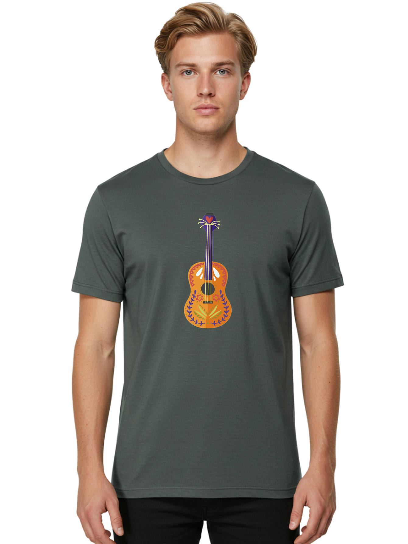 Mexican-Guitar Men'S Graphic Tee, 100% Cotton, Comfortable Casual Summer Wear, Machine Washable, Acoustic Guitar, Stringed Instrument, Music, Floral Pattern, Red And Blue Design, Orange Body, Yellow And White Strings, Cat Face Headstock Aad722