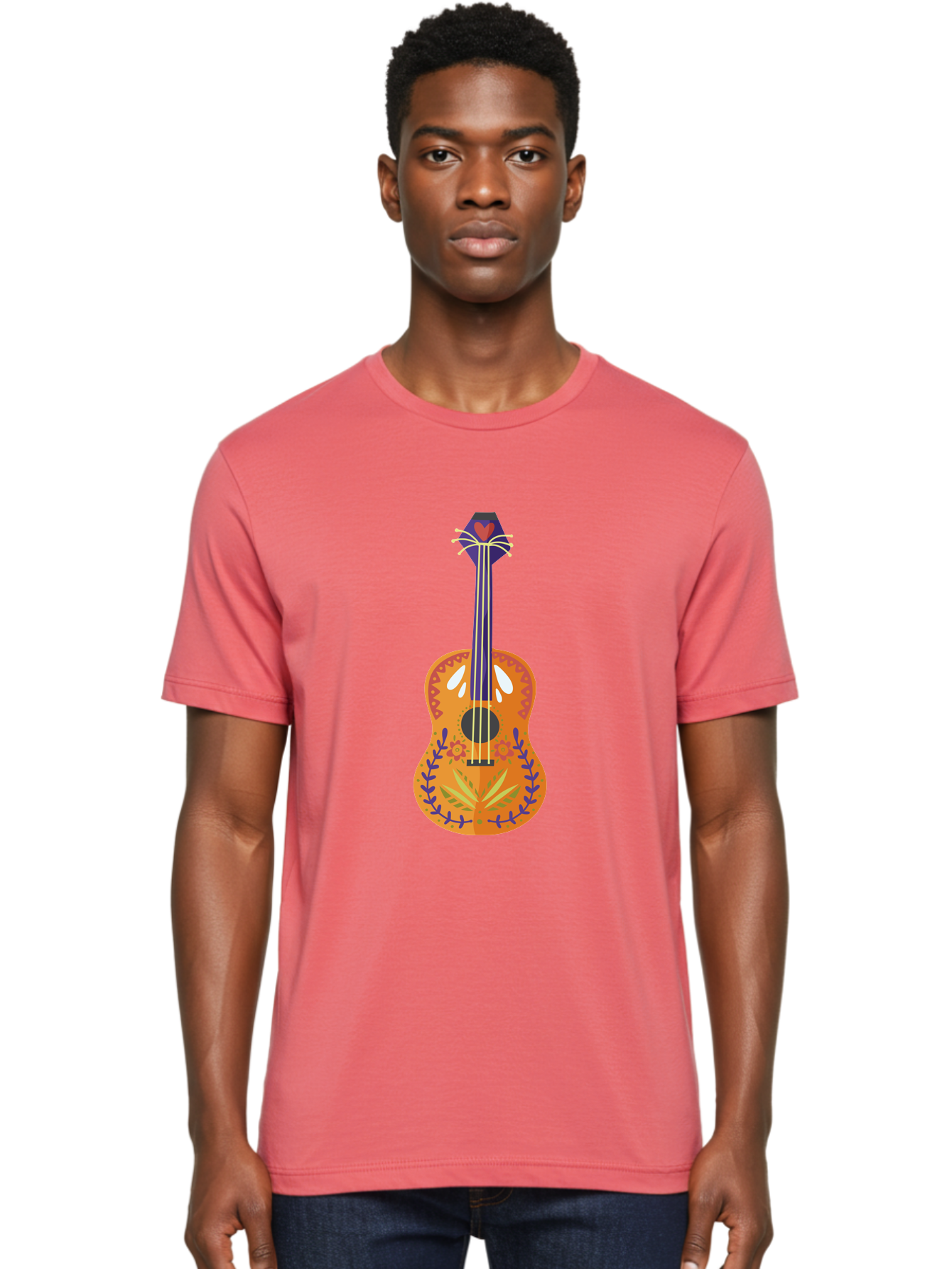 Mexican-Guitar Men'S Graphic Tee, 100% Cotton, Comfortable Casual Summer Wear, Machine Washable, Acoustic Guitar, Stringed Instrument, Music, Floral Pattern, Red And Blue Design, Orange Body, Yellow And White Strings, Cat Face Headstock Aad722