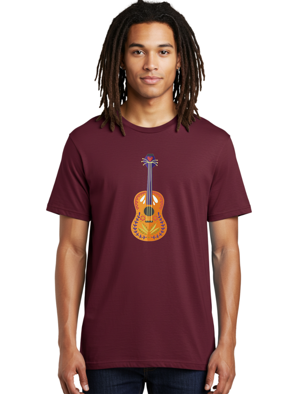 Mexican-Guitar Men'S Graphic Tee, 100% Cotton, Comfortable Casual Summer Wear, Machine Washable, Acoustic Guitar, Stringed Instrument, Music, Floral Pattern, Red And Blue Design, Orange Body, Yellow And White Strings, Cat Face Headstock Aad722