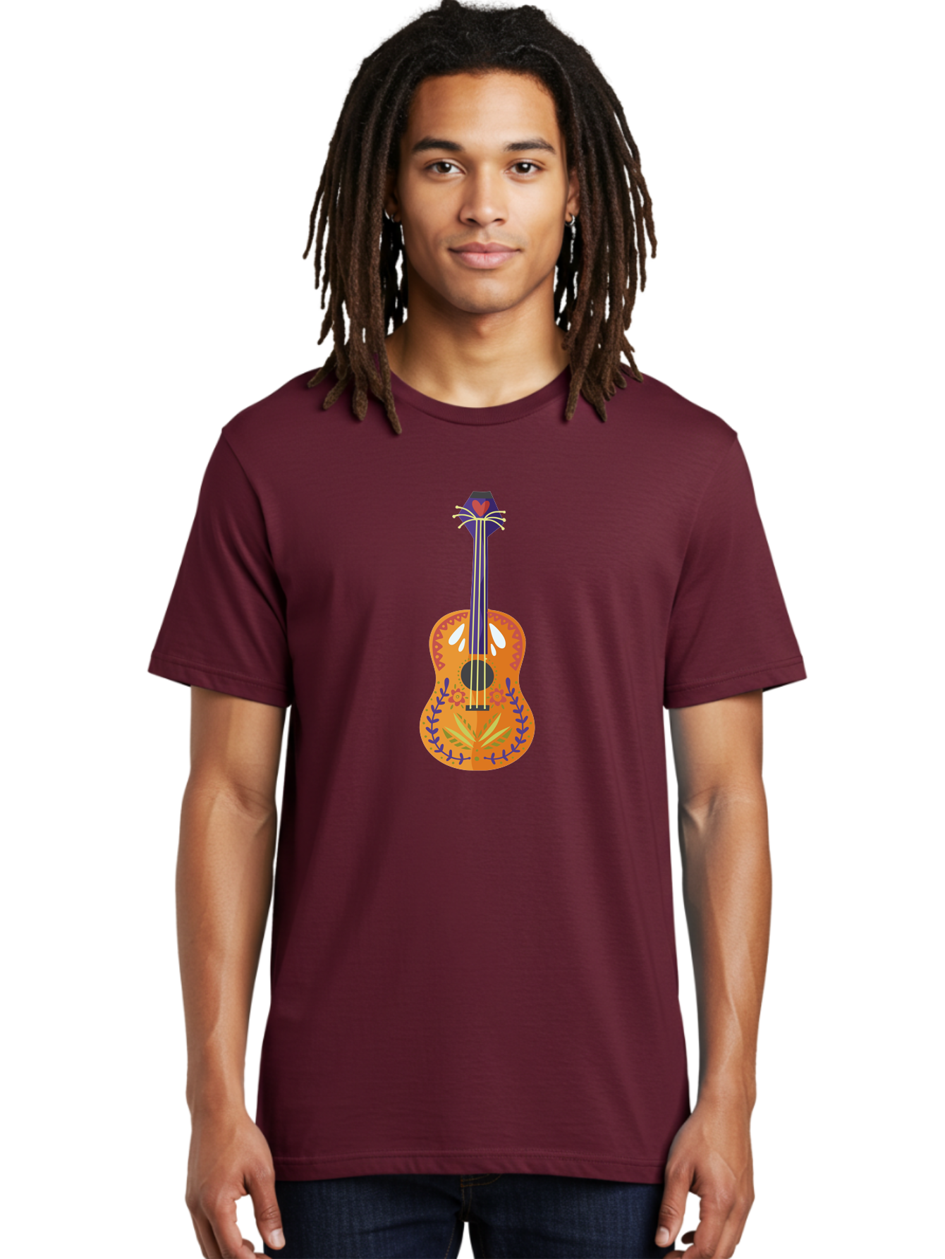 Mexican-Guitar Men'S Graphic Tee, 100% Cotton, Comfortable Casual Summer Wear, Machine Washable, Acoustic Guitar, Stringed Instrument, Music, Floral Pattern, Red And Blue Design, Orange Body, Yellow And White Strings, Cat Face Headstock Aad722