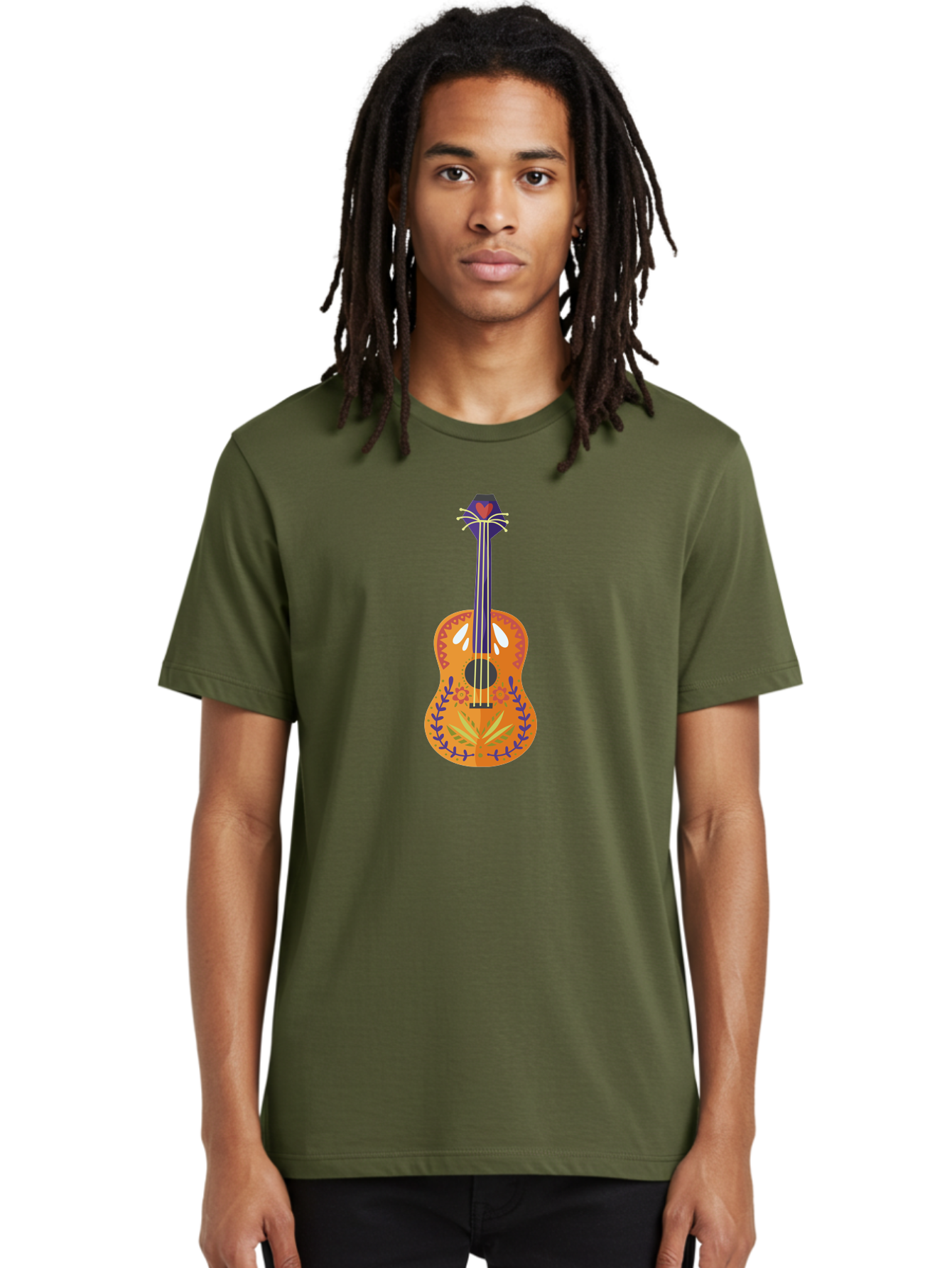 Mexican-Guitar Men'S Graphic Tee, 100% Cotton, Comfortable Casual Summer Wear, Machine Washable, Acoustic Guitar, Stringed Instrument, Music, Floral Pattern, Red And Blue Design, Orange Body, Yellow And White Strings, Cat Face Headstock Aad722