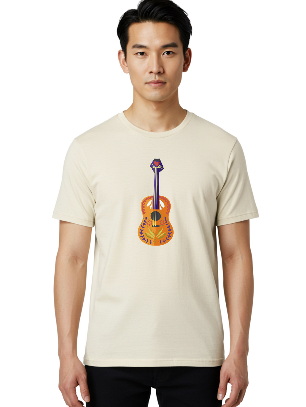 Mexican-Guitar Men'S Graphic Tee, 100% Cotton, Comfortable Casual Summer Wear, Machine Washable, Acoustic Guitar, Stringed Instrument, Music, Floral Pattern, Red And Blue Design, Orange Body, Yellow And White Strings, Cat Face Headstock Aad722