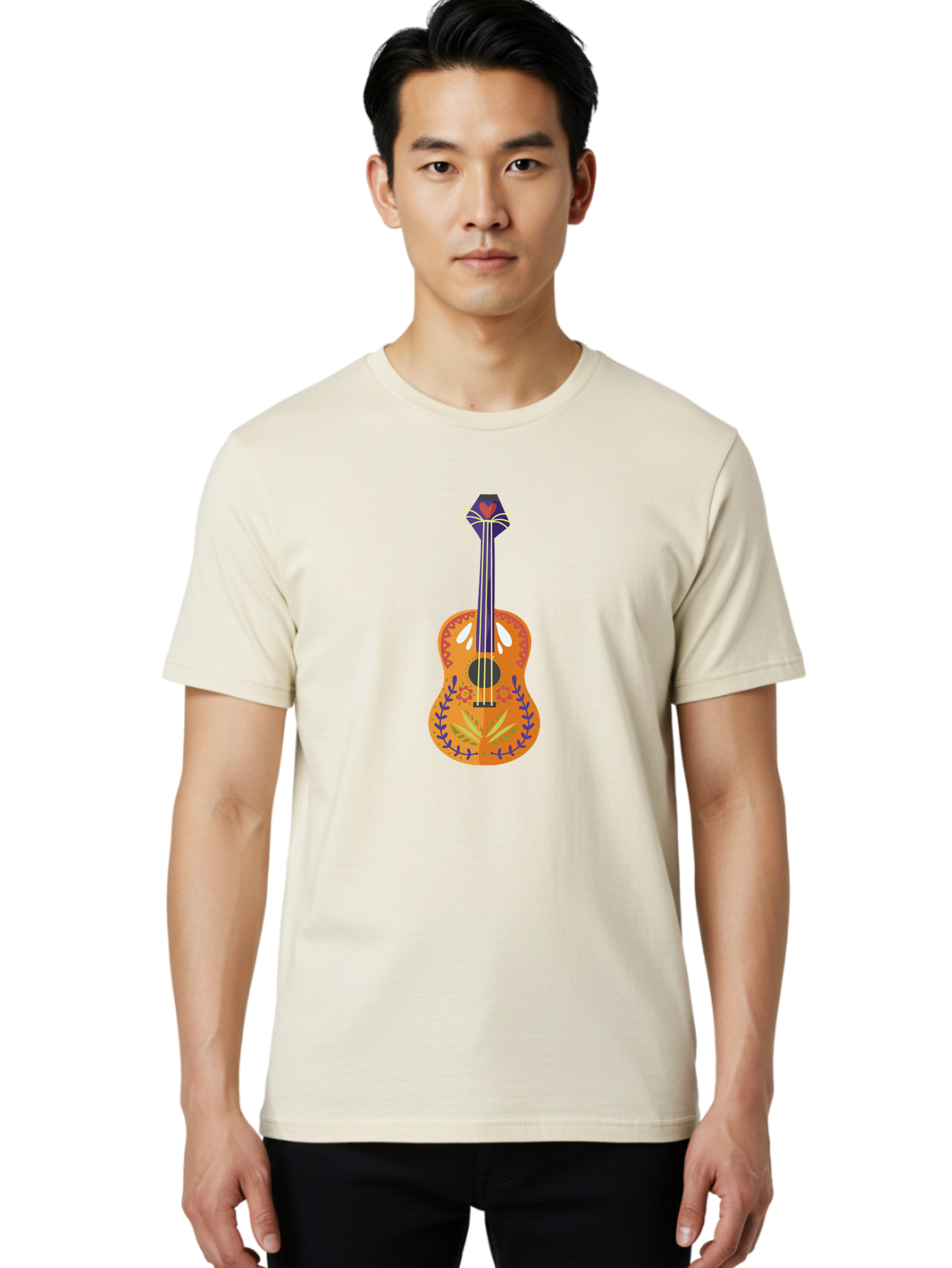 Mexican-Guitar Men'S Graphic Tee, 100% Cotton, Comfortable Casual Summer Wear, Machine Washable, Acoustic Guitar, Stringed Instrument, Music, Floral Pattern, Red And Blue Design, Orange Body, Yellow And White Strings, Cat Face Headstock Aad722