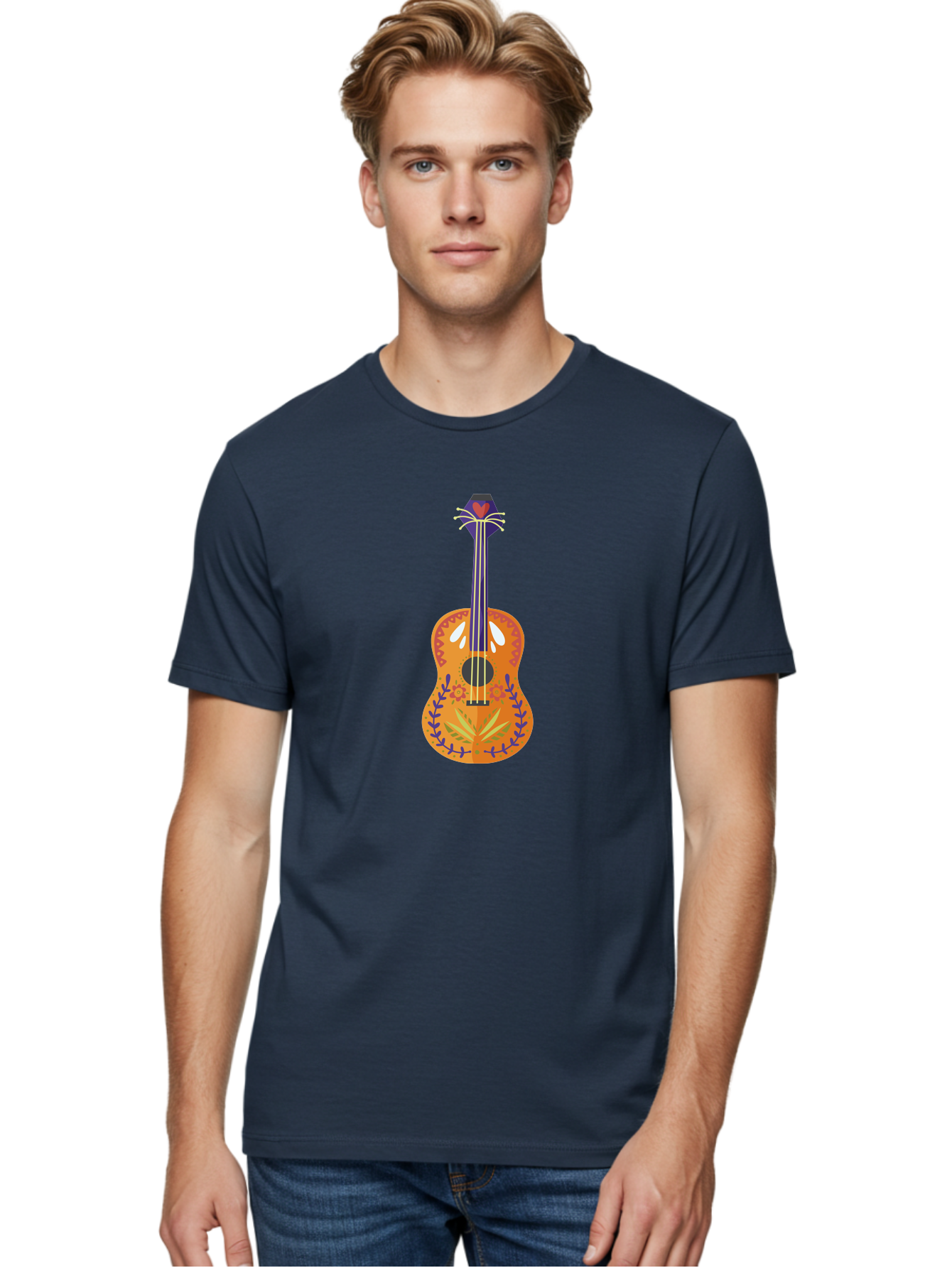 Mexican-Guitar Men'S Graphic Tee, 100% Cotton, Comfortable Casual Summer Wear, Machine Washable, Acoustic Guitar, Stringed Instrument, Music, Floral Pattern, Red And Blue Design, Orange Body, Yellow And White Strings, Cat Face Headstock Aad722
