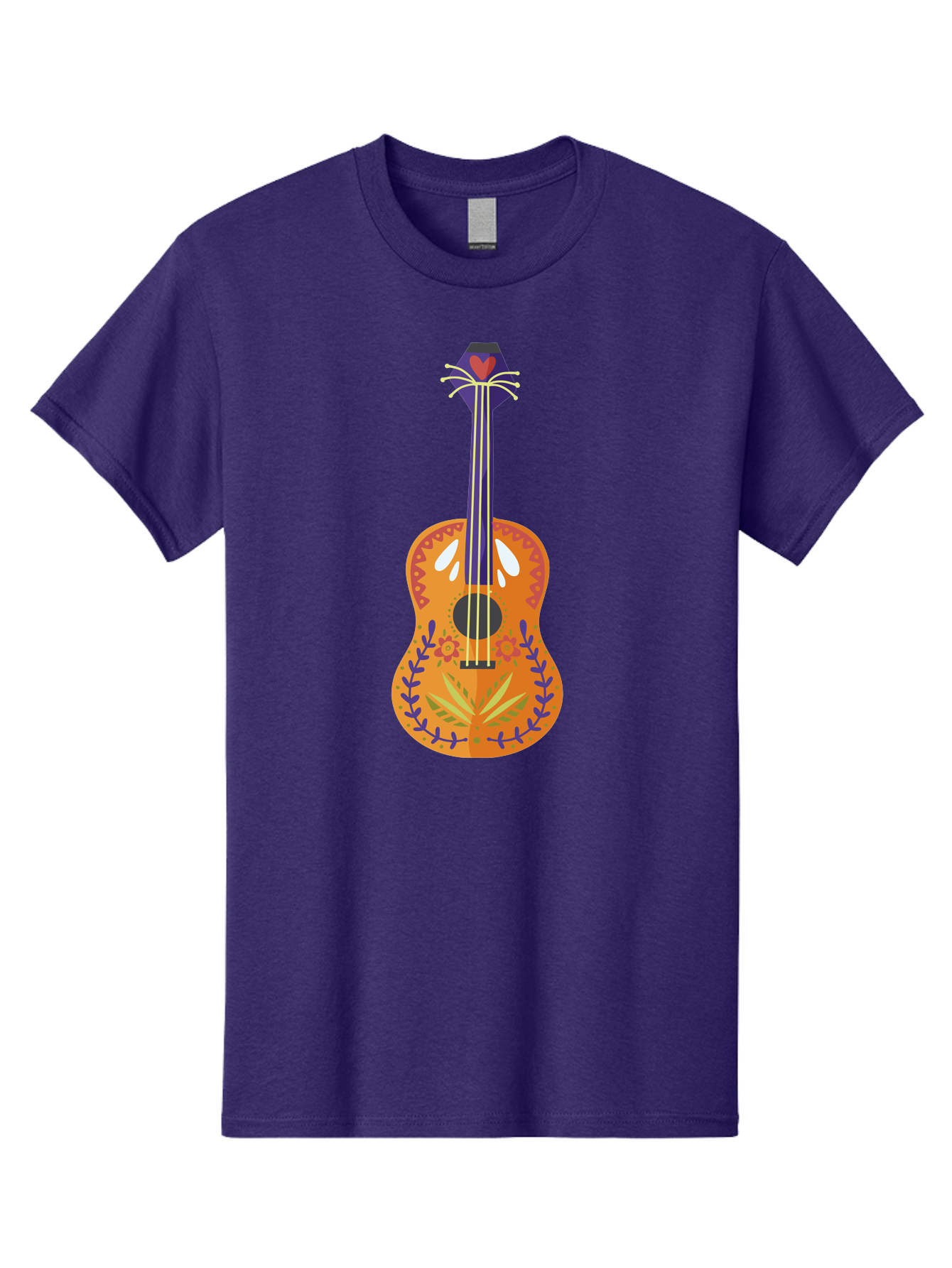 Mexican-Guitar Men'S Graphic Tee, 100% Cotton, Comfortable Casual Summer Wear, Machine Washable, Acoustic Guitar, Stringed Instrument, Music, Floral Pattern, Red And Blue Design, Orange Body, Yellow And White Strings, Cat Face Headstock Aad722