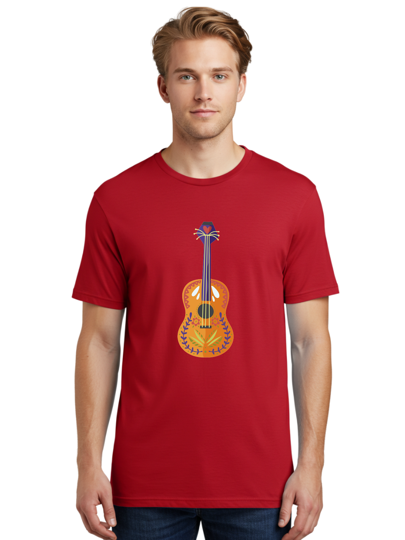 Mexican-Guitar Men'S Graphic Tee, 100% Cotton, Comfortable Casual Summer Wear, Machine Washable, Acoustic Guitar, Stringed Instrument, Music, Floral Pattern, Red And Blue Design, Orange Body, Yellow And White Strings, Cat Face Headstock Aad722